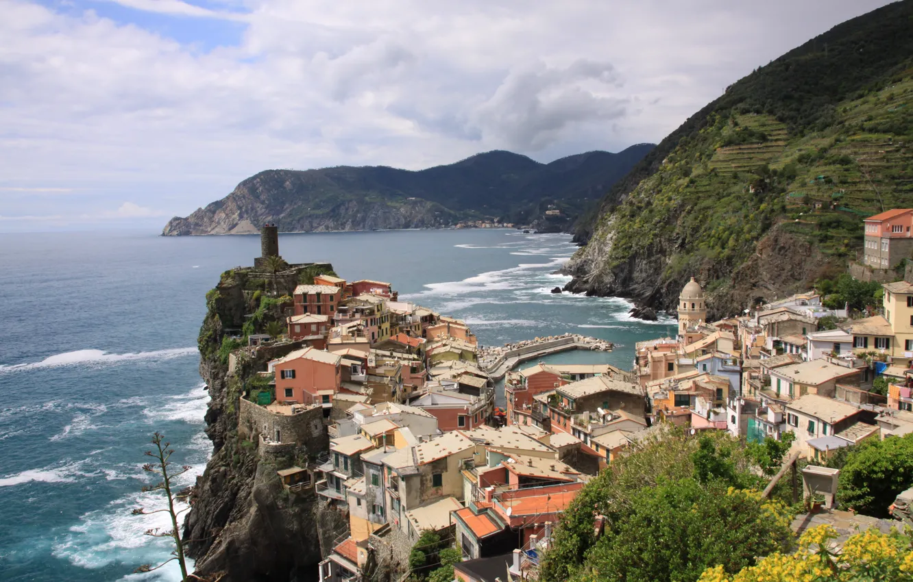 Photo wallpaper landscape, mountains, nature, building, Italy, Italy, nature, The Ligurian sea