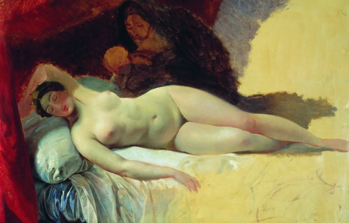 Photo wallpaper Girl, Picture, Karl Briullov, Sketch, Naked, Russian artist, Karl Bryullov, Sleeping Juno and Parka with …