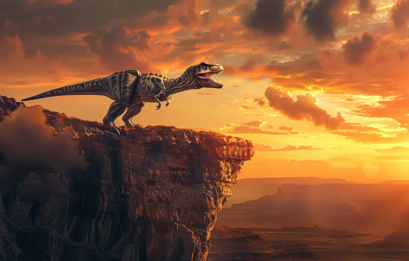 Photo wallpaper Clouds, Rock, Dawn, Predator, Dinosaur, Animal, Digital art, Tyrannosaurus