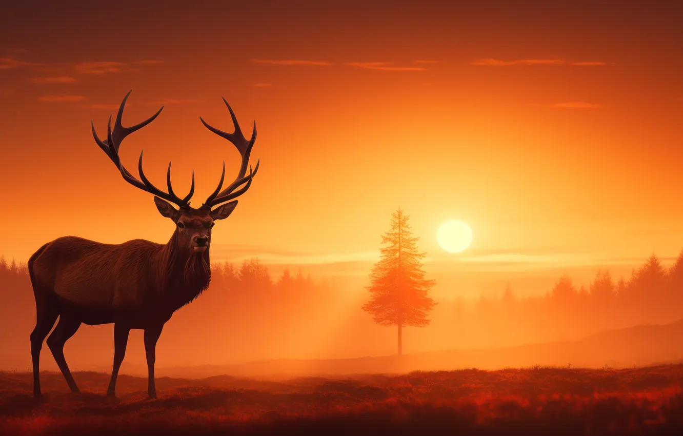 Photo wallpaper the sun, trees, dawn, deer, horns, digital art, AI art, The Art of Artificial Intelligence