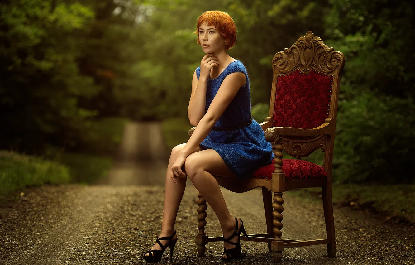 Photo wallpaper road, forest, girl, chair, Regina Piil