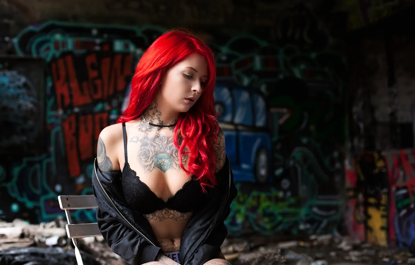 Photo wallpaper chest, model, tattoo, bra, red hair, Riina R