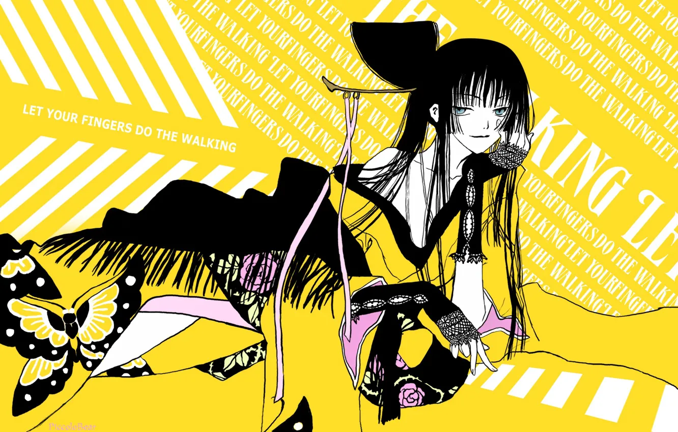 Photo wallpaper girl, anime, art, words, yellow background, xxxHolic