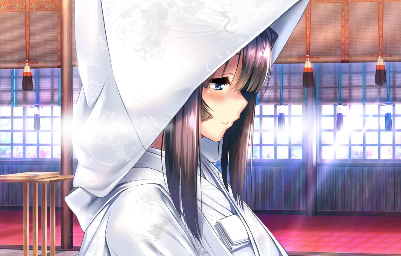 Photo wallpaper hood, temple, profile, kimono, the bride, art, visual novel, Amakano