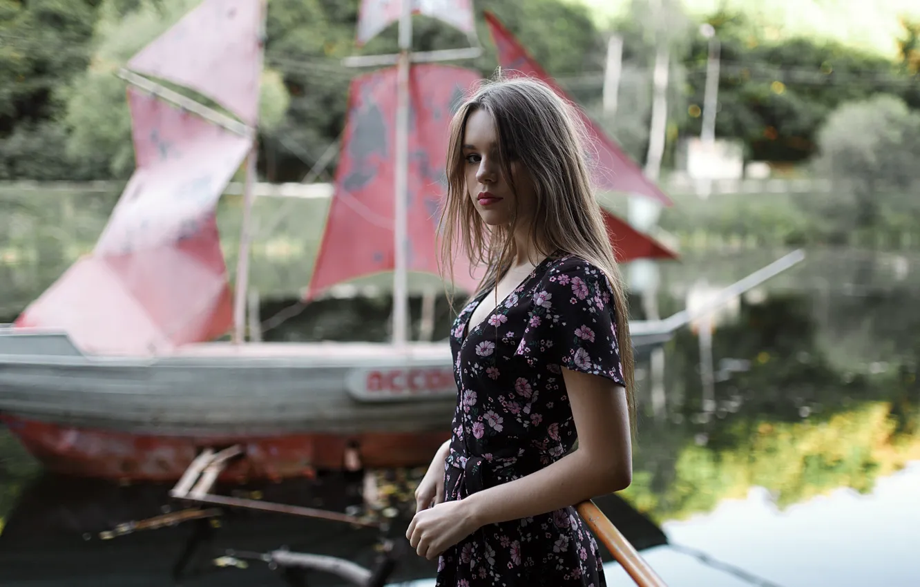 Photo wallpaper look, girl, trees, pond, portrait, makeup, dress, hairstyle
