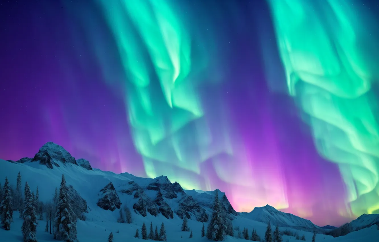 Photo wallpaper winter, forest, purple, the sky, mountains, night, nature, background