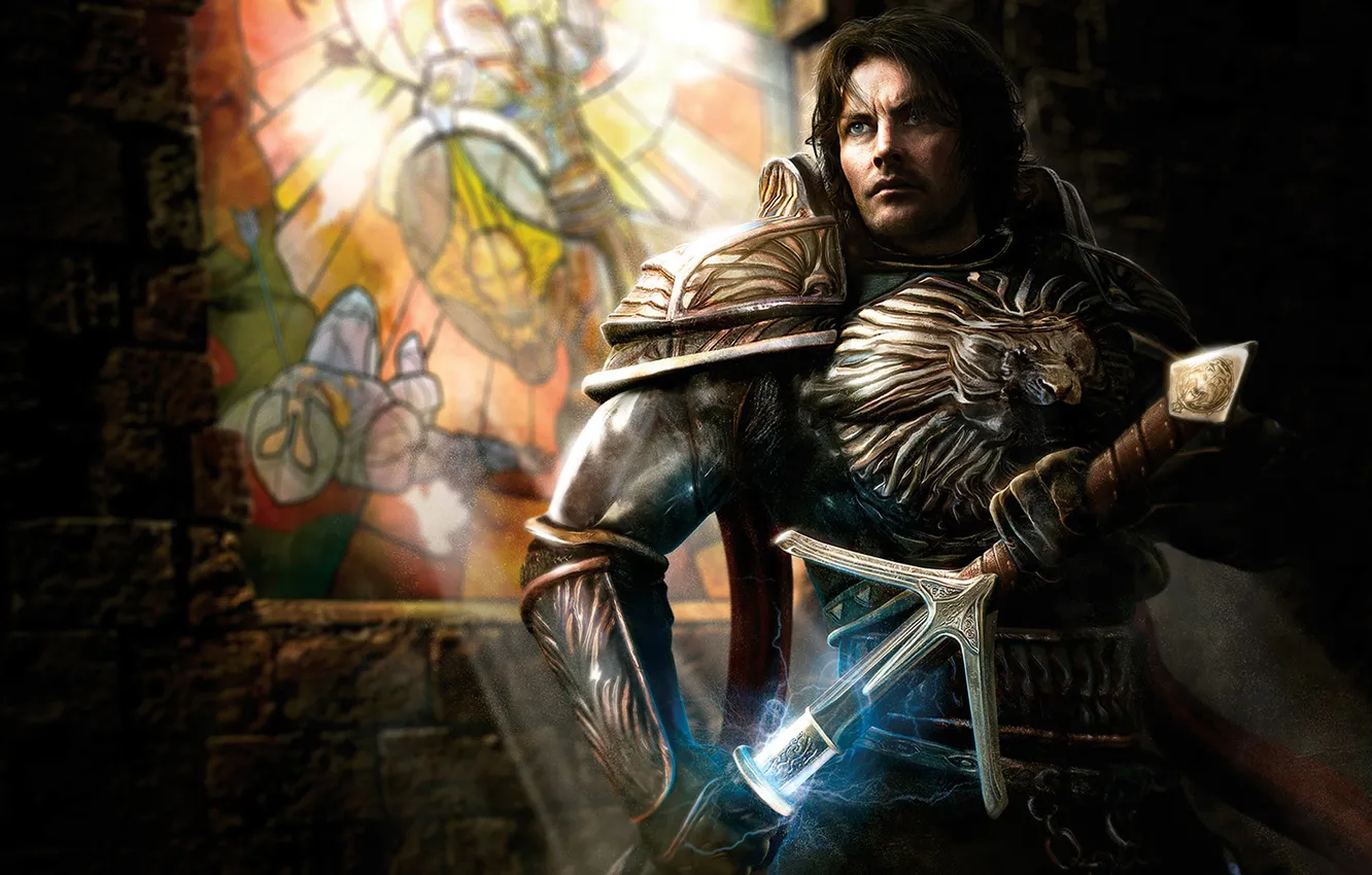Photo wallpaper weapons, castle, lightning, sword, warrior, art, stained glass, male