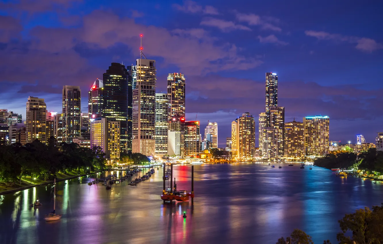 Photo wallpaper night, lights, river, boat, home, skyscrapers, Australia, Brisbane