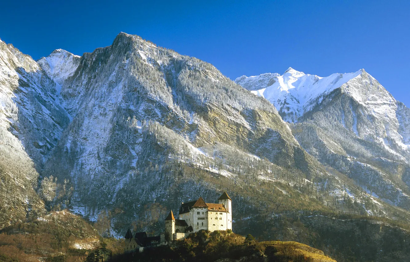 Photo wallpaper the sky, snow, mountains, castle