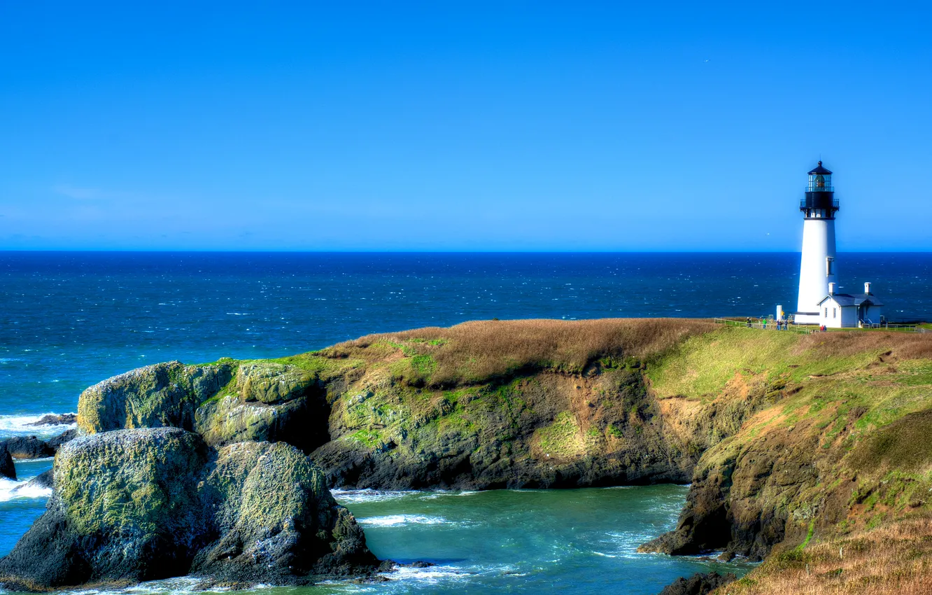Photo wallpaper sea, the sky, the sun, stones, blue, coast, lighthouse, horizon
