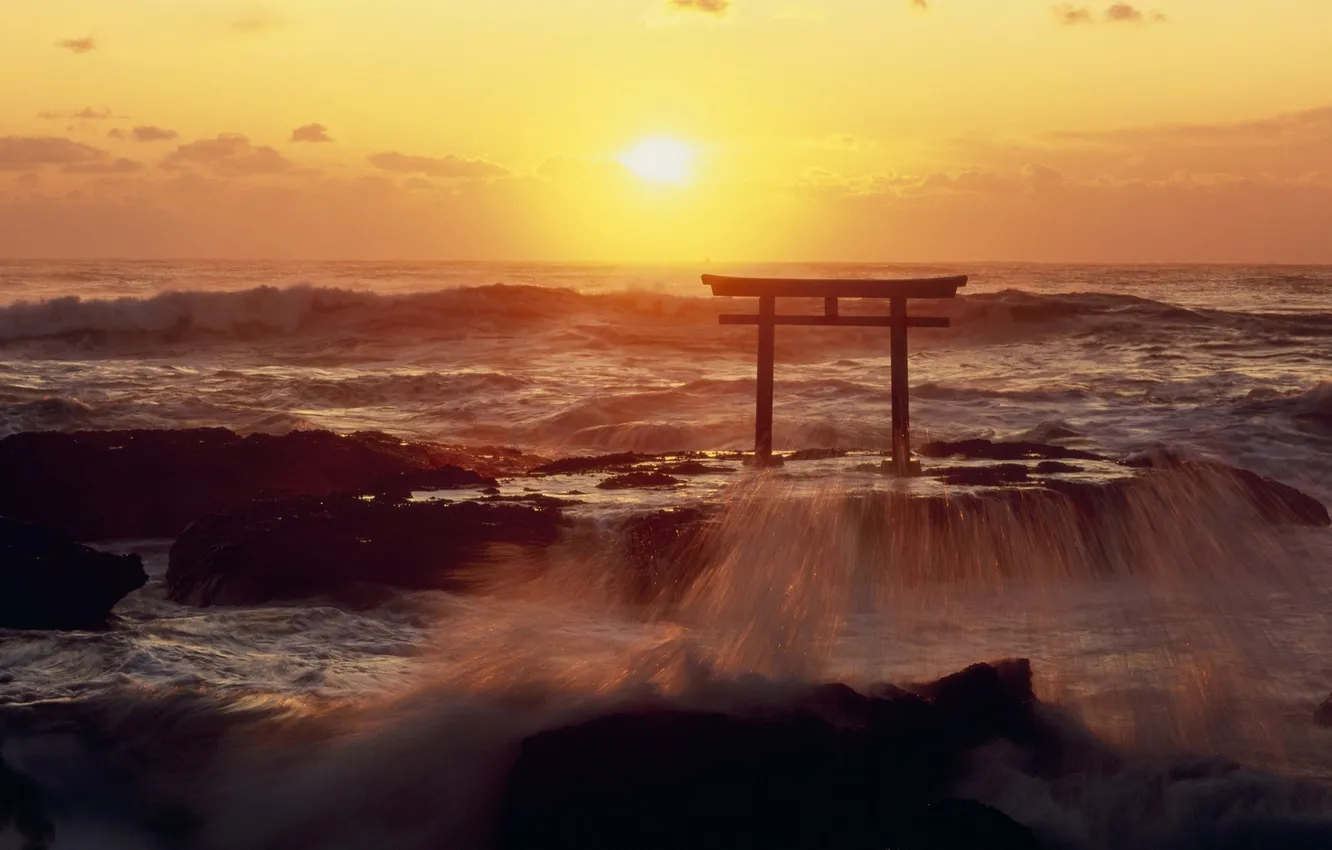 Photo wallpaper sea, sunset, squirt, storm, Japan, Ibaraki, Ōarai, Kanto