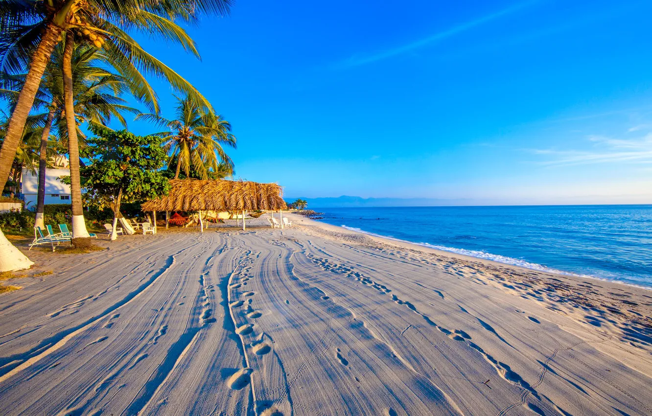 Photo wallpaper sand, sea, beach, the sky, mountains, tropics, palm trees, Bungalow
