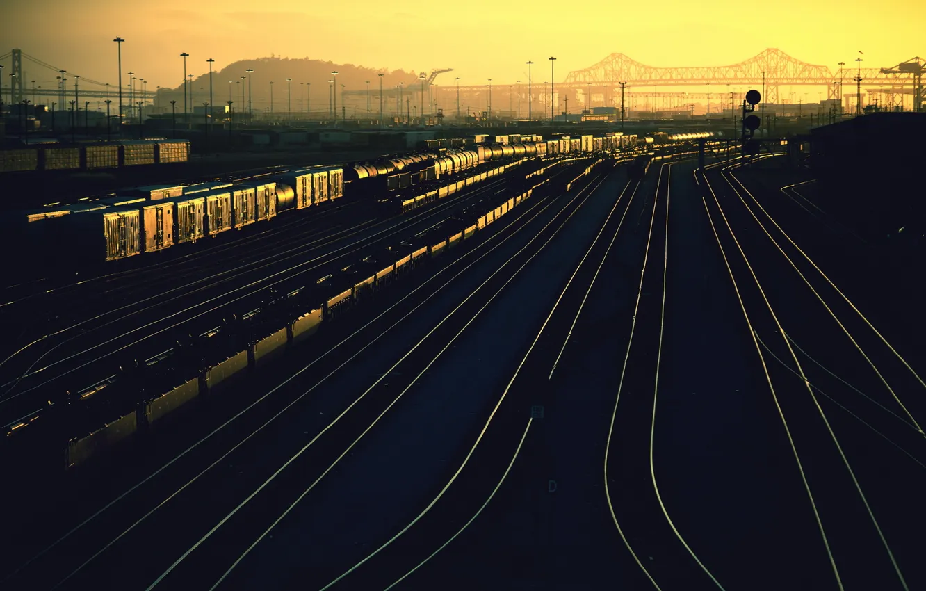 Photo wallpaper sunset, station, railroad