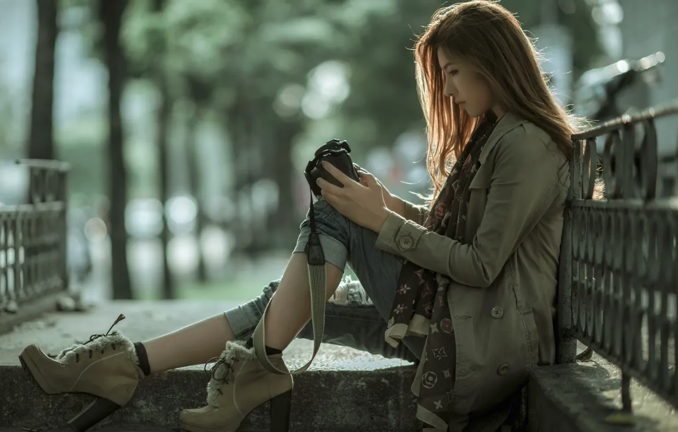 Photo wallpaper girl, street, camera