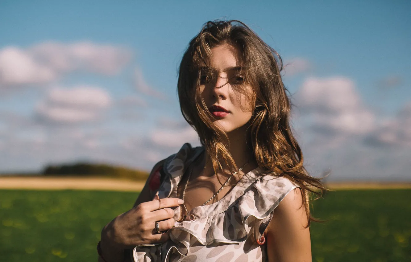 Photo wallpaper the sky, look, girl, clouds, hair, portrait, dress, Denis Lytkin
