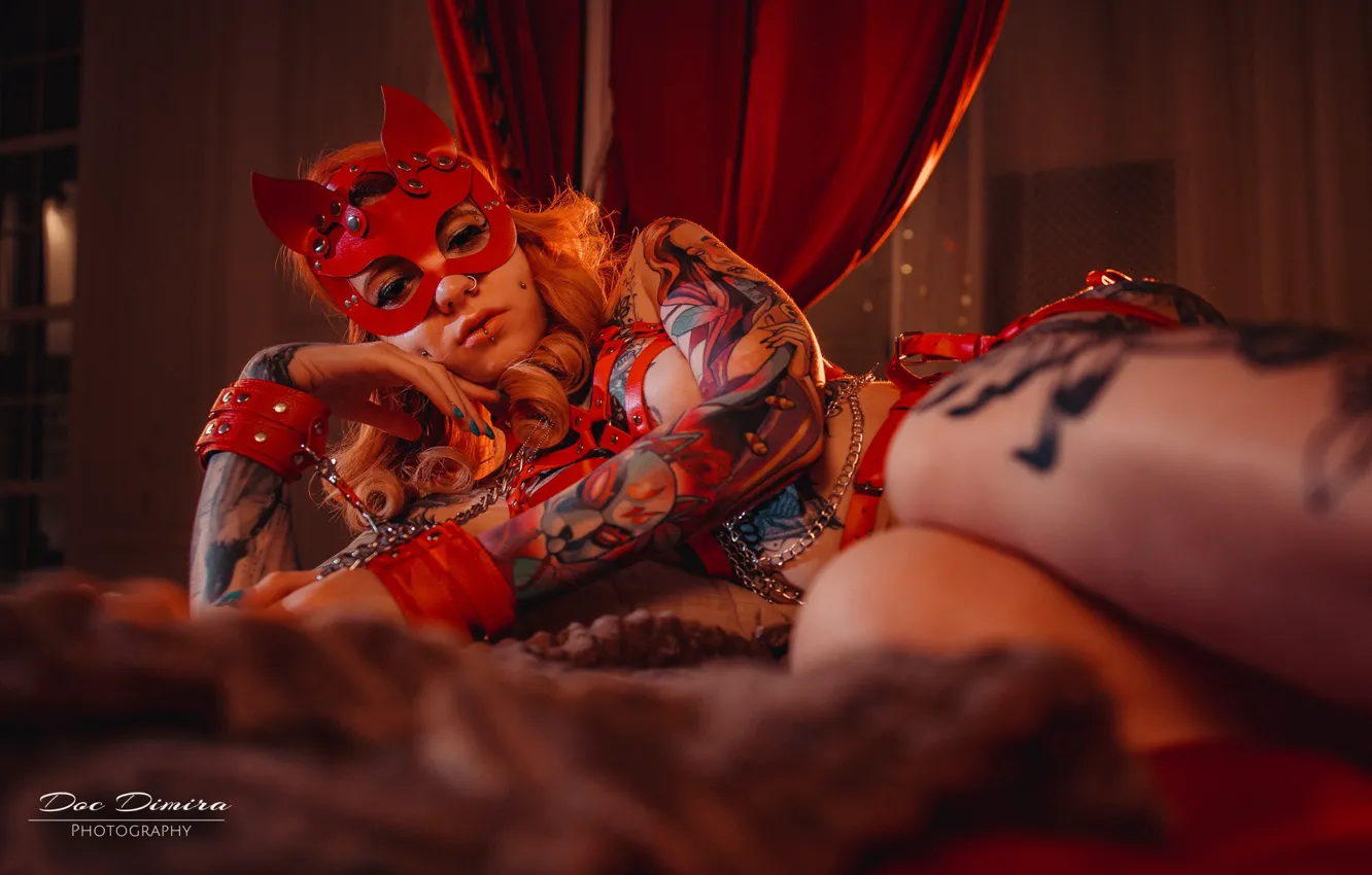 Photo wallpaper girl, pose, mask, tattoo, red, redhead, handcuffs, Vera Faith