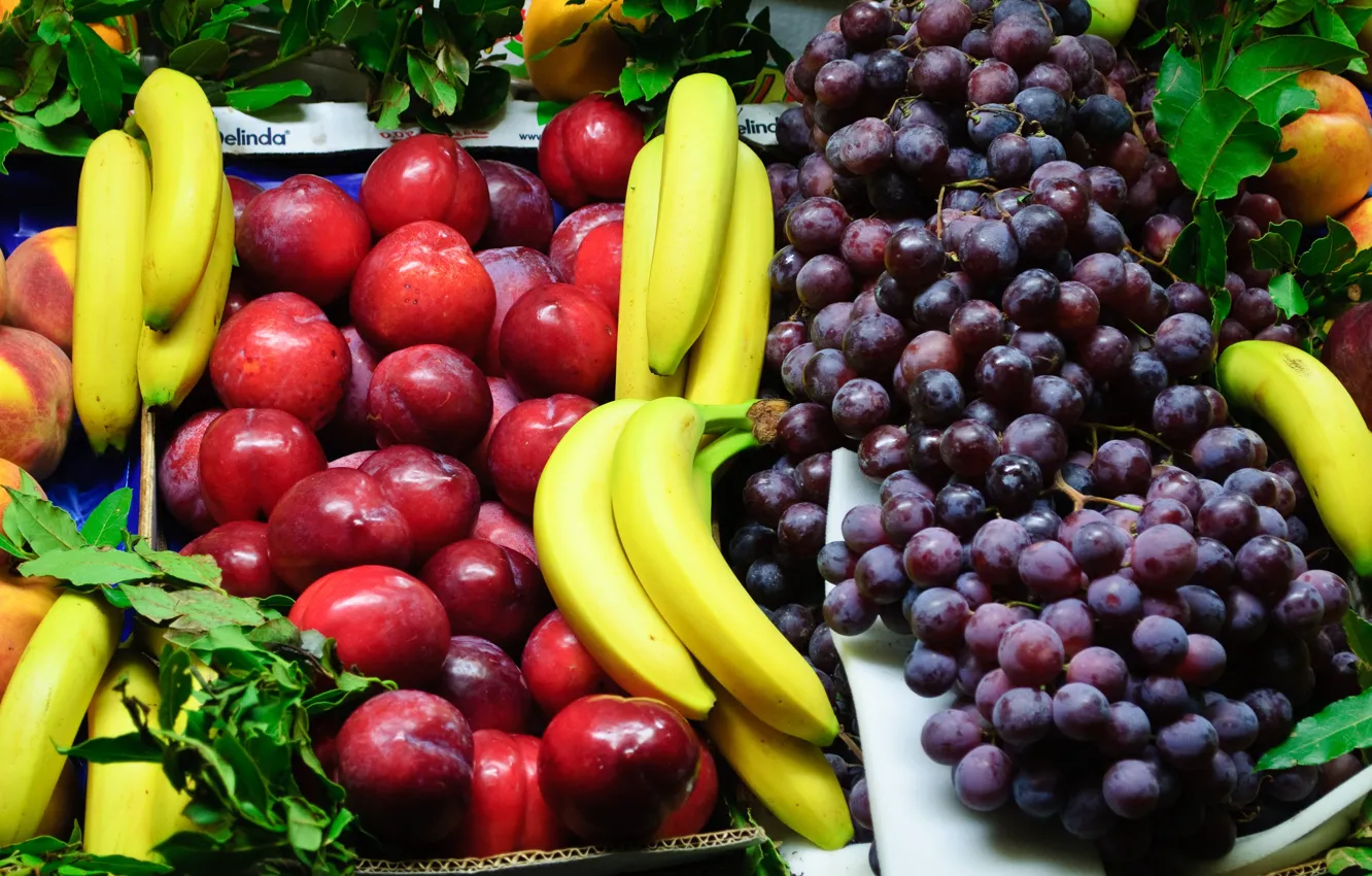 Photo wallpaper leaves, grapes, bananas, fruit, peaches, plum