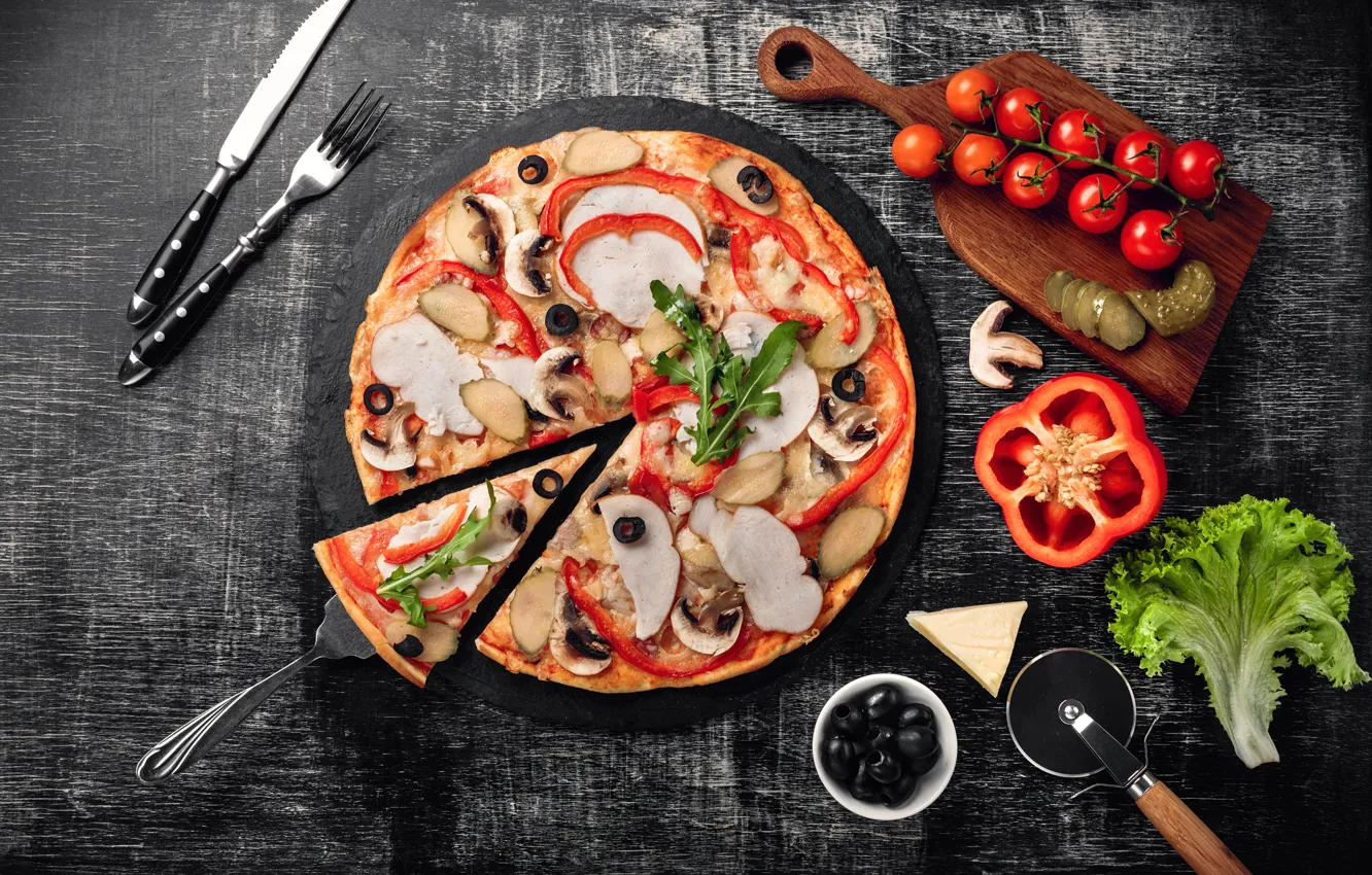 Photo wallpaper mushrooms, cheese, pepper, pizza, tomatoes