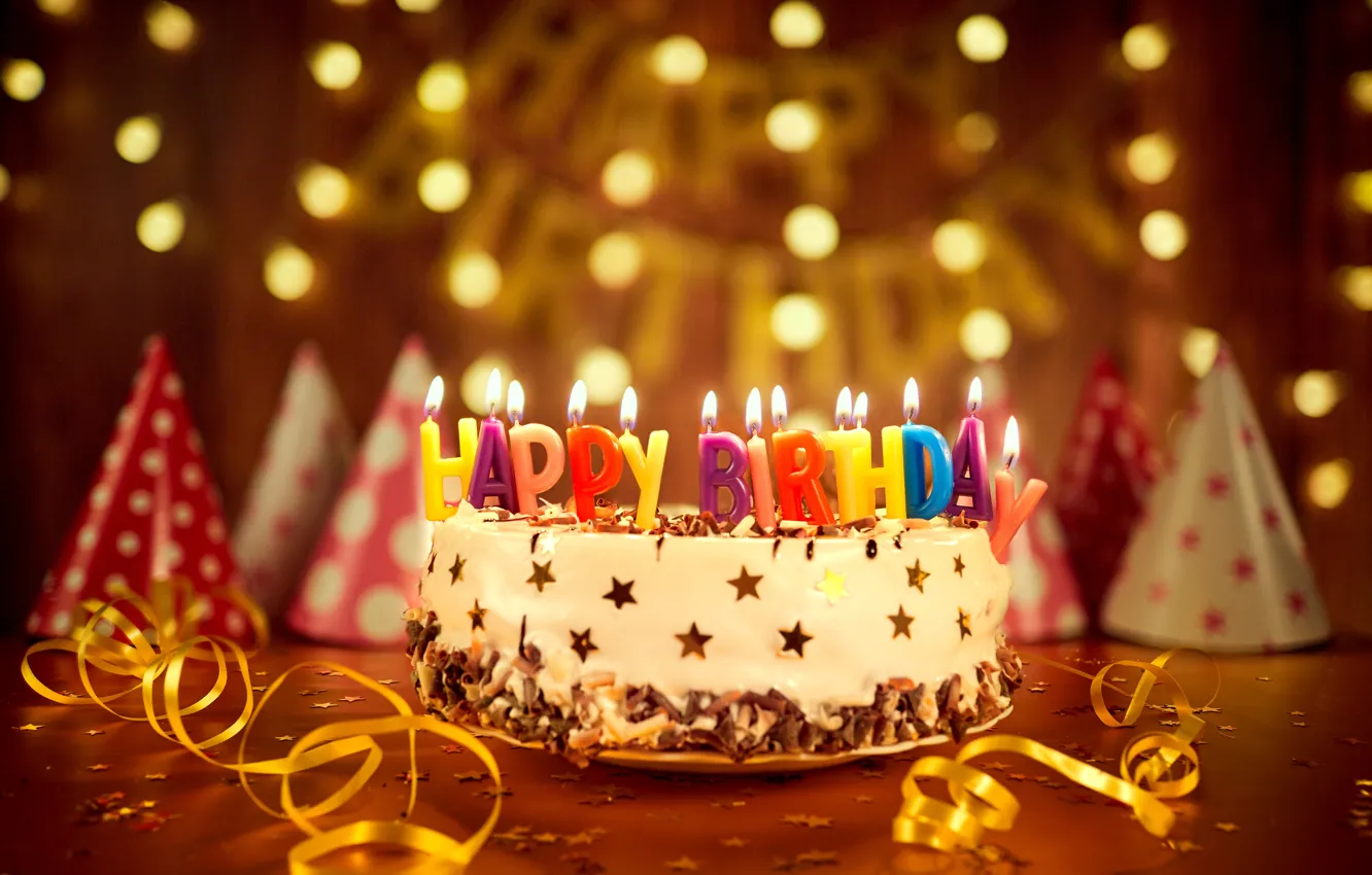 Photo wallpaper candles, cake, cake, bokeh, decoration, Happy, Birthday, Birthday