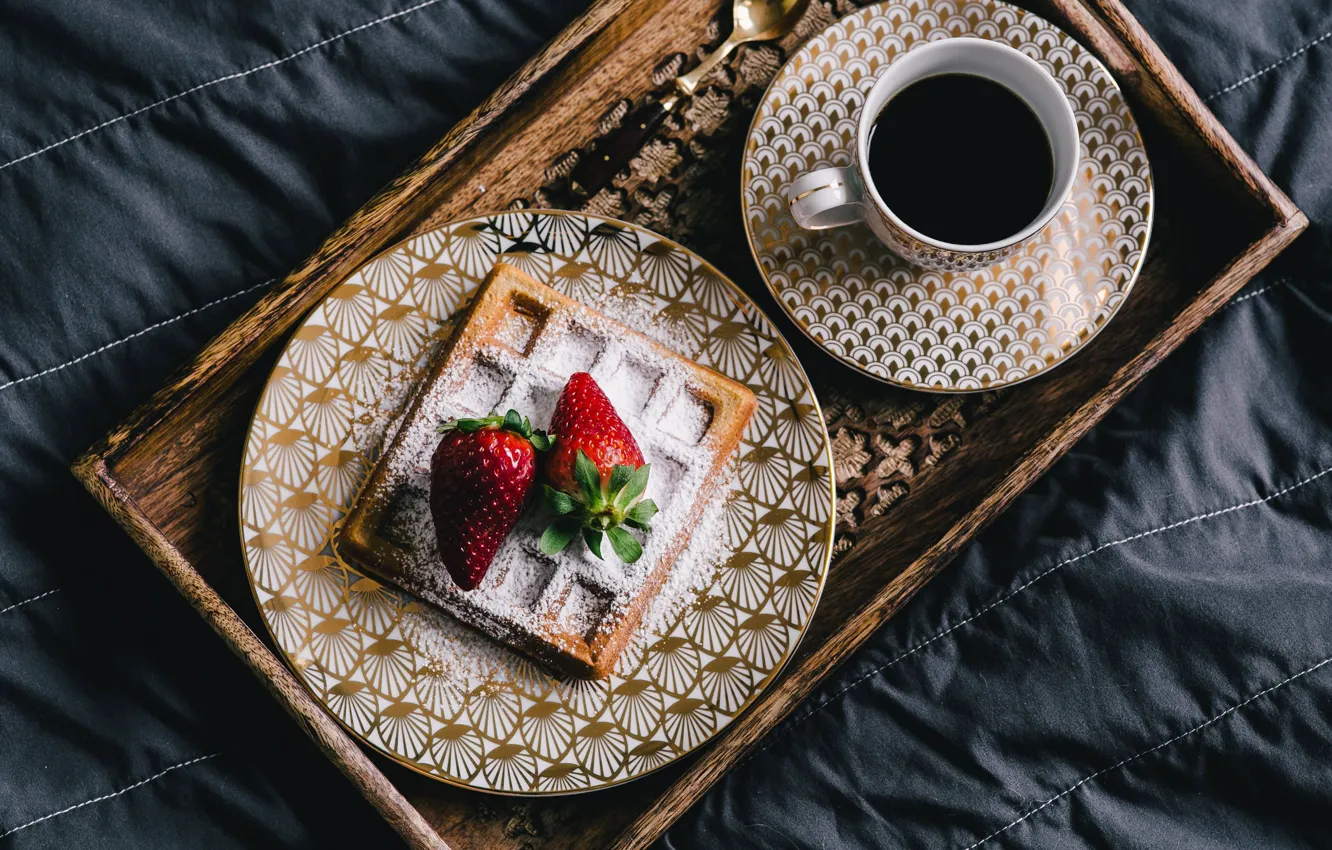 Photo wallpaper the dark background, bed, Cup, powdered sugar, box, coffee, blanket, tray