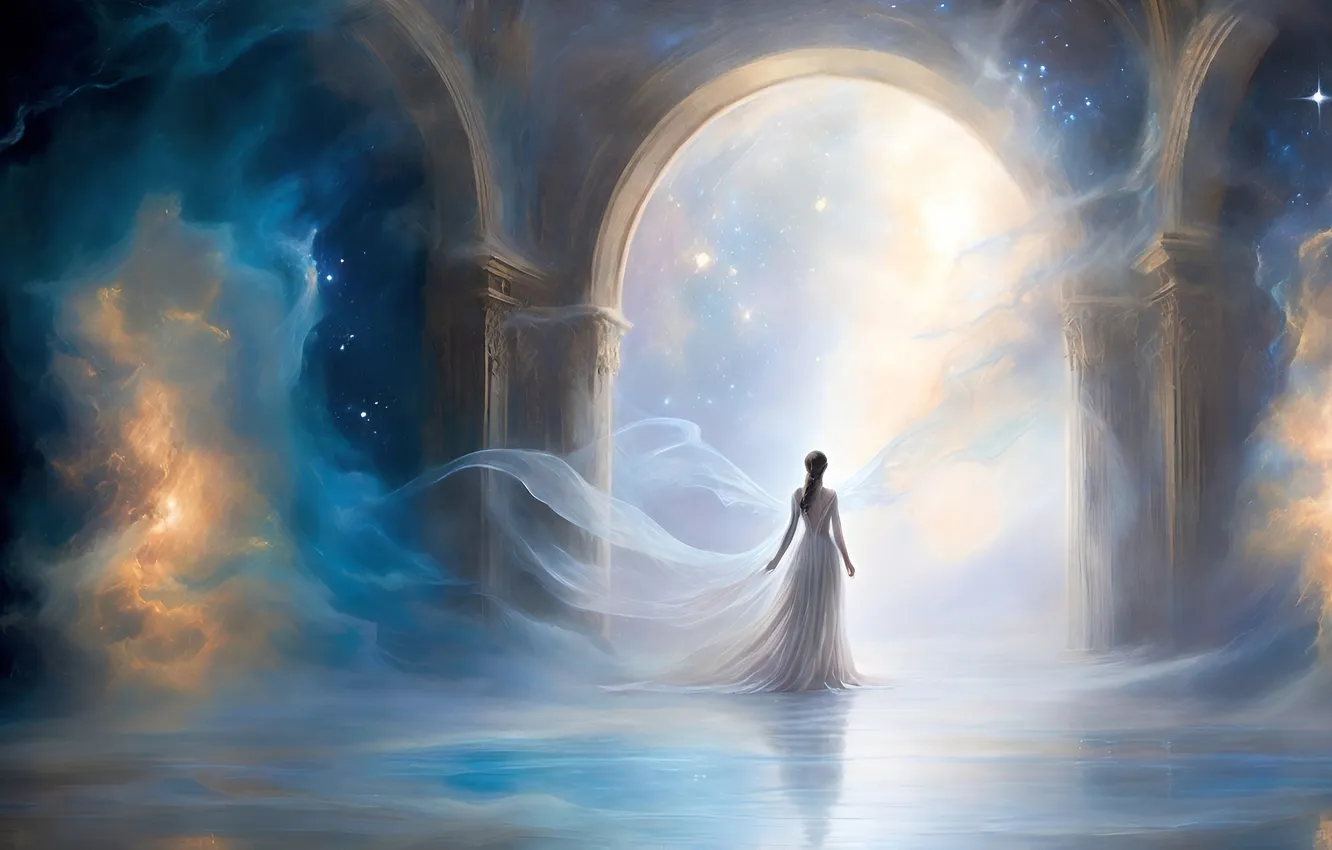 Photo wallpaper the sky, girl, clouds, light, fog, Paradise, dress, pair