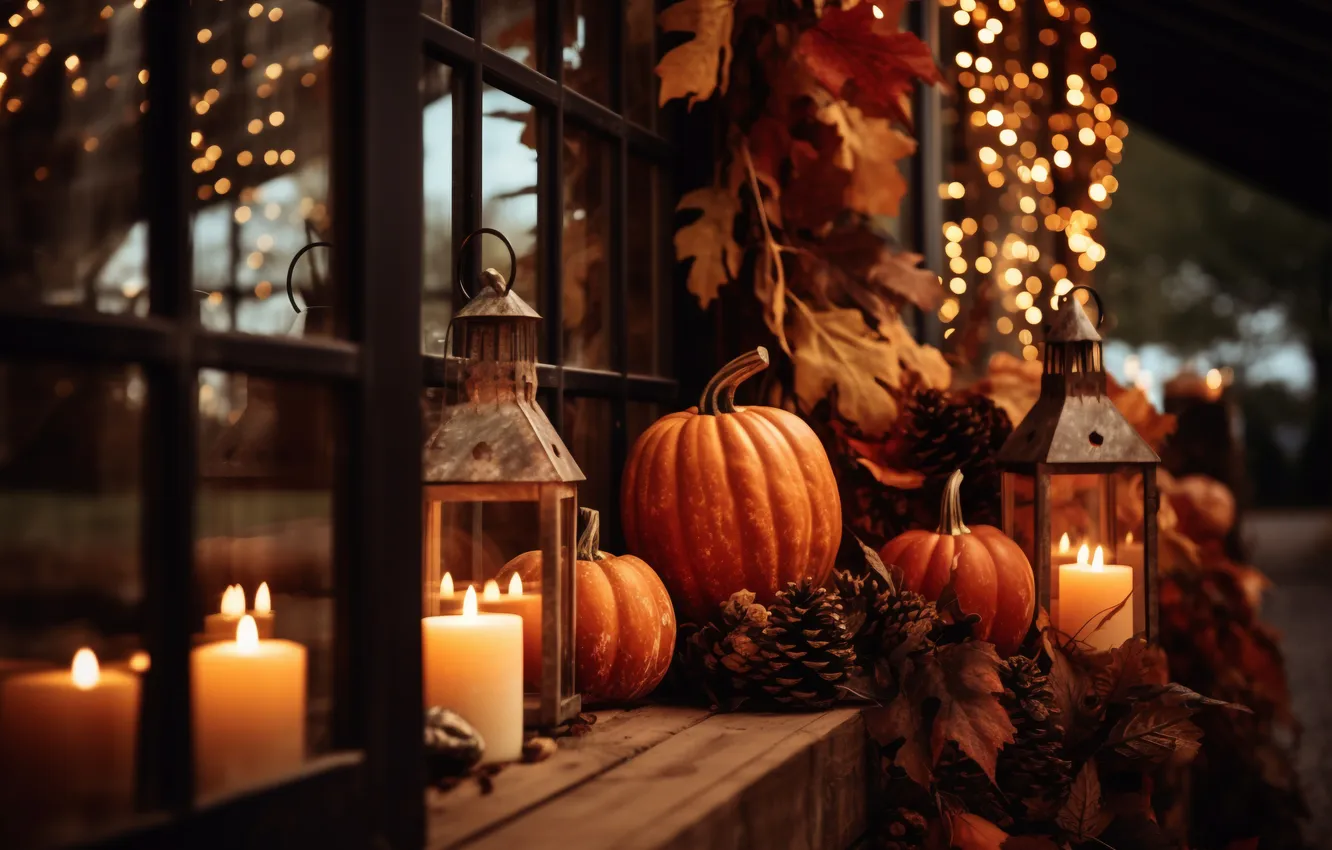 Photo wallpaper autumn, leaves, lights, home, candles, window, pumpkin, the scenery