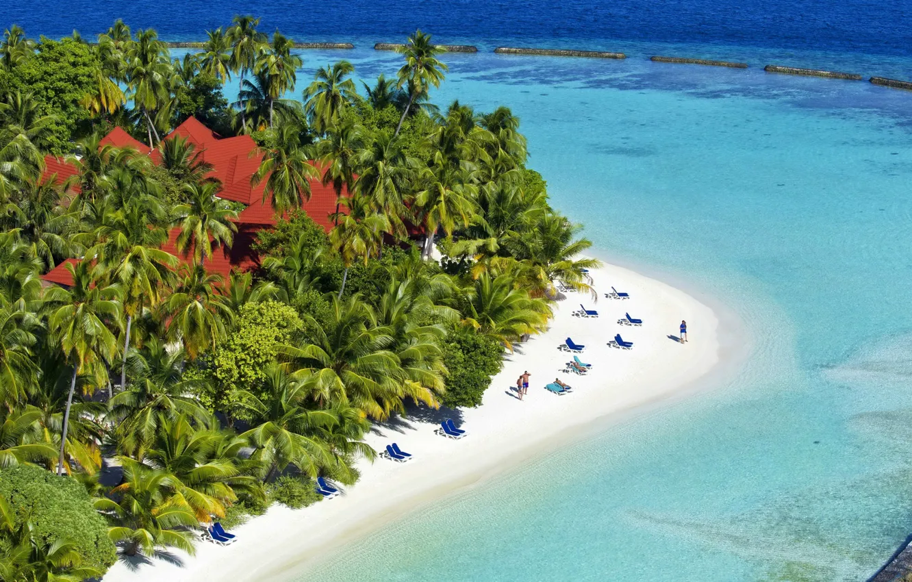 Photo wallpaper sand, sea, beach, the sun, tropics, palm trees, The Maldives, resort