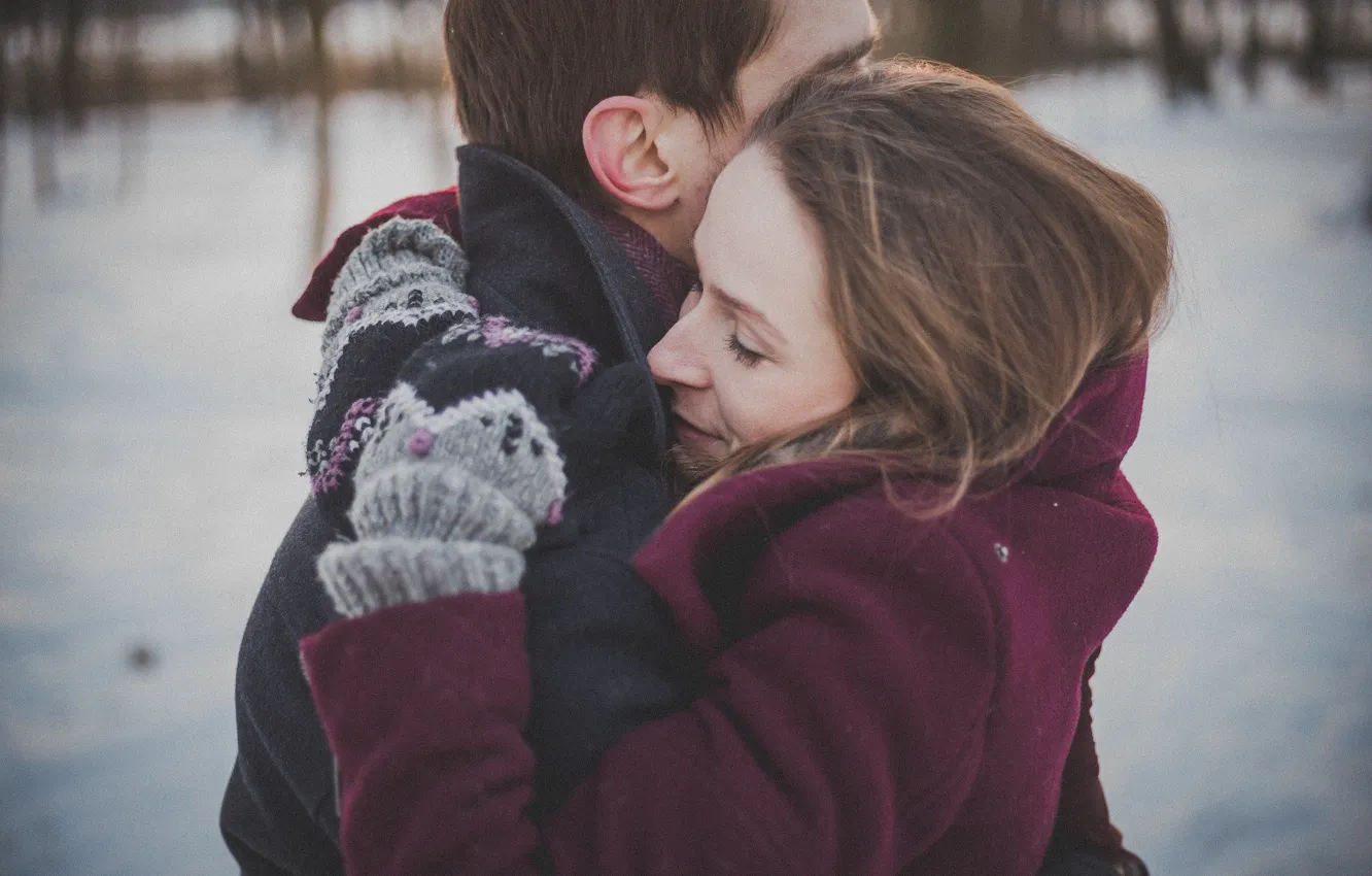 Photo wallpaper winter, girl, snow, love, hugs, guy