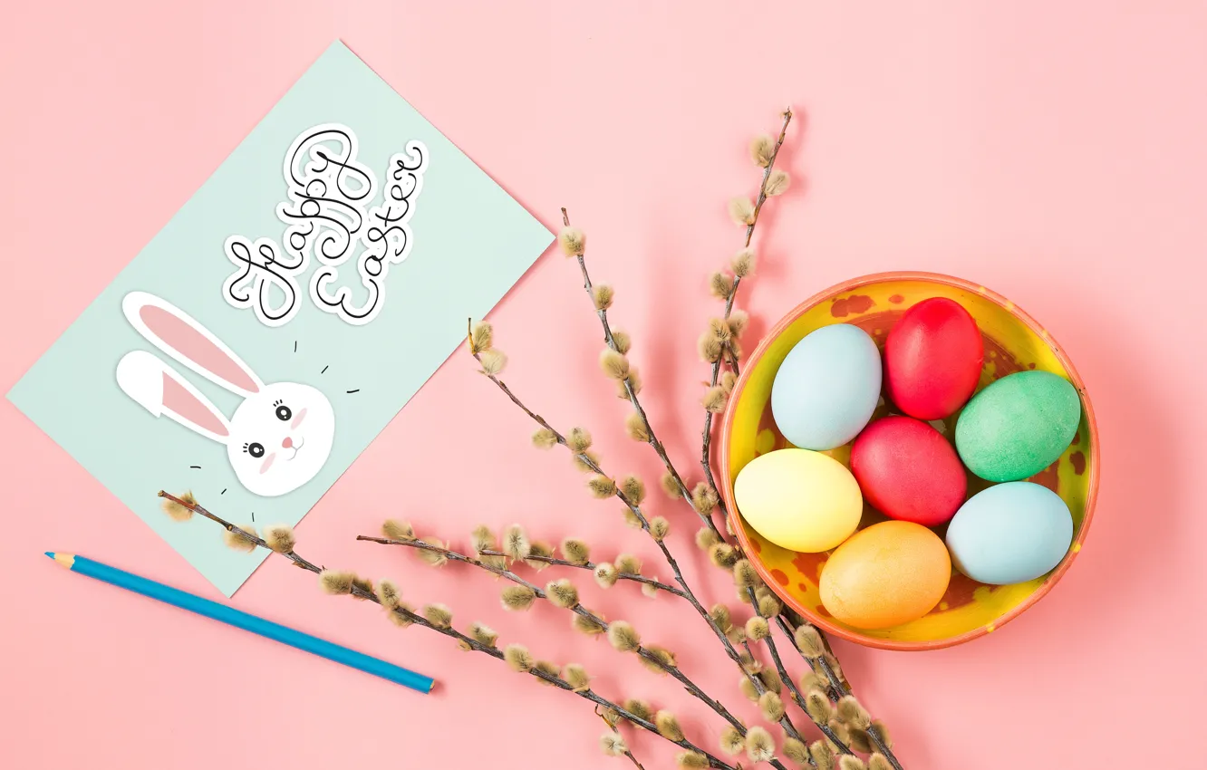 Photo wallpaper branches, red, green, holiday, eggs, spring, pencils, rabbit