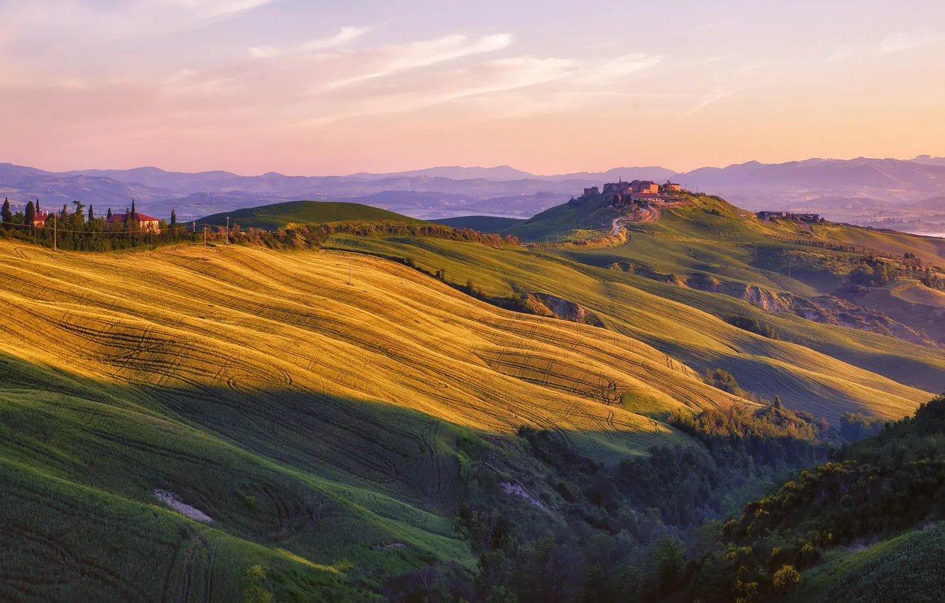 Photo wallpaper field, sunset, mountains, nature