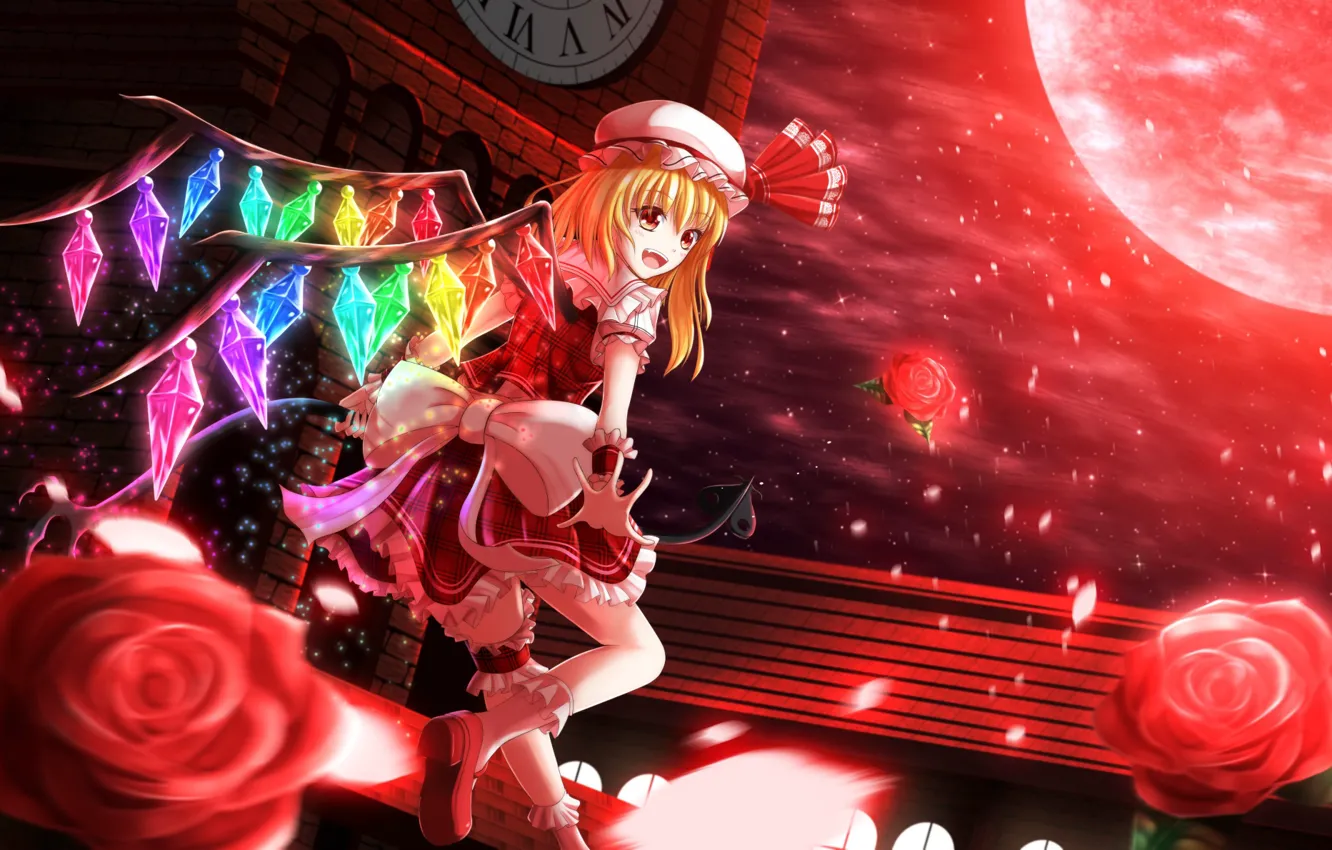 Photo wallpaper night, red eyes, art, vampire, Touhou Project, blood Moon, Flandre Scarlet, hell of a grin