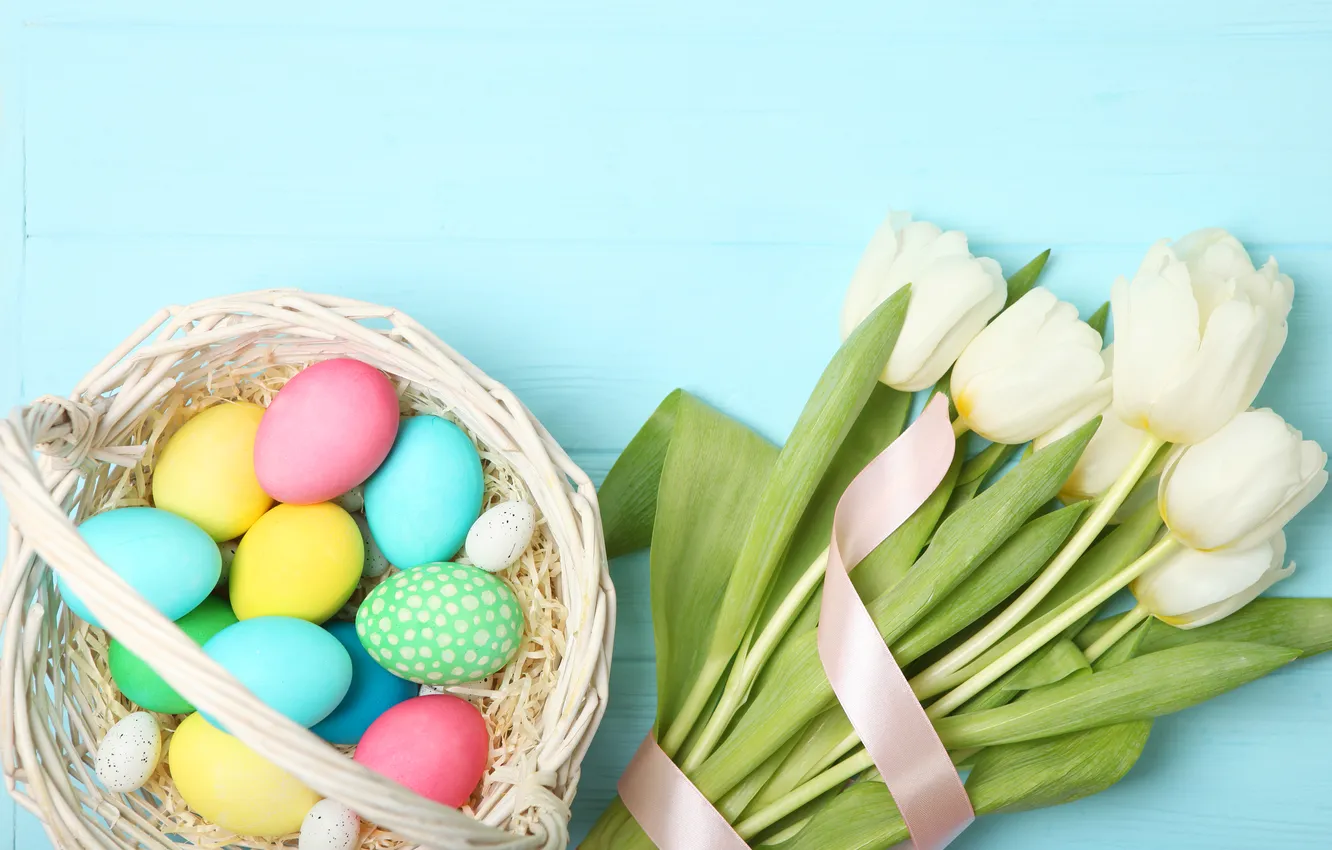 Photo wallpaper flowers, eggs, spring, colorful, Easter, tulips, wood, flowers