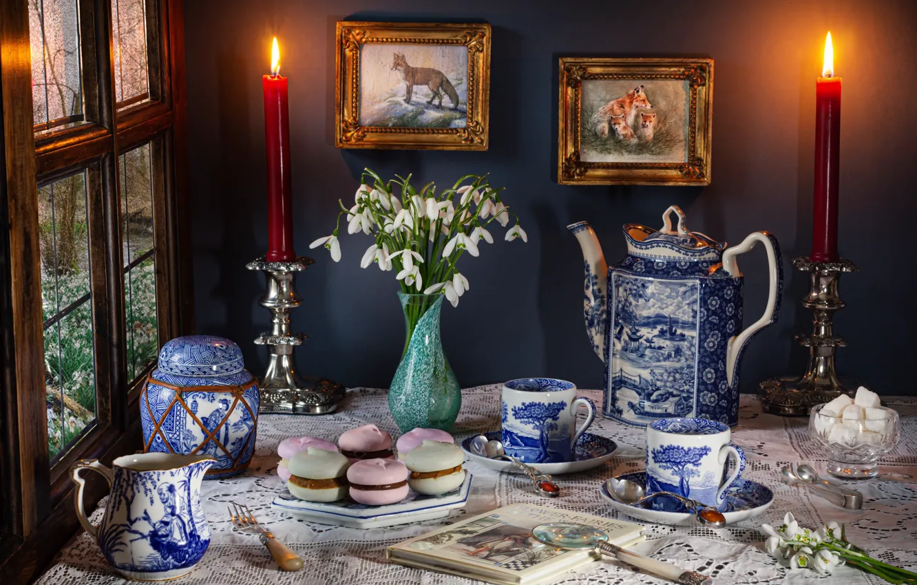 Photo wallpaper flowers, style, picture, candles, snowdrops, Cup, book, Fox