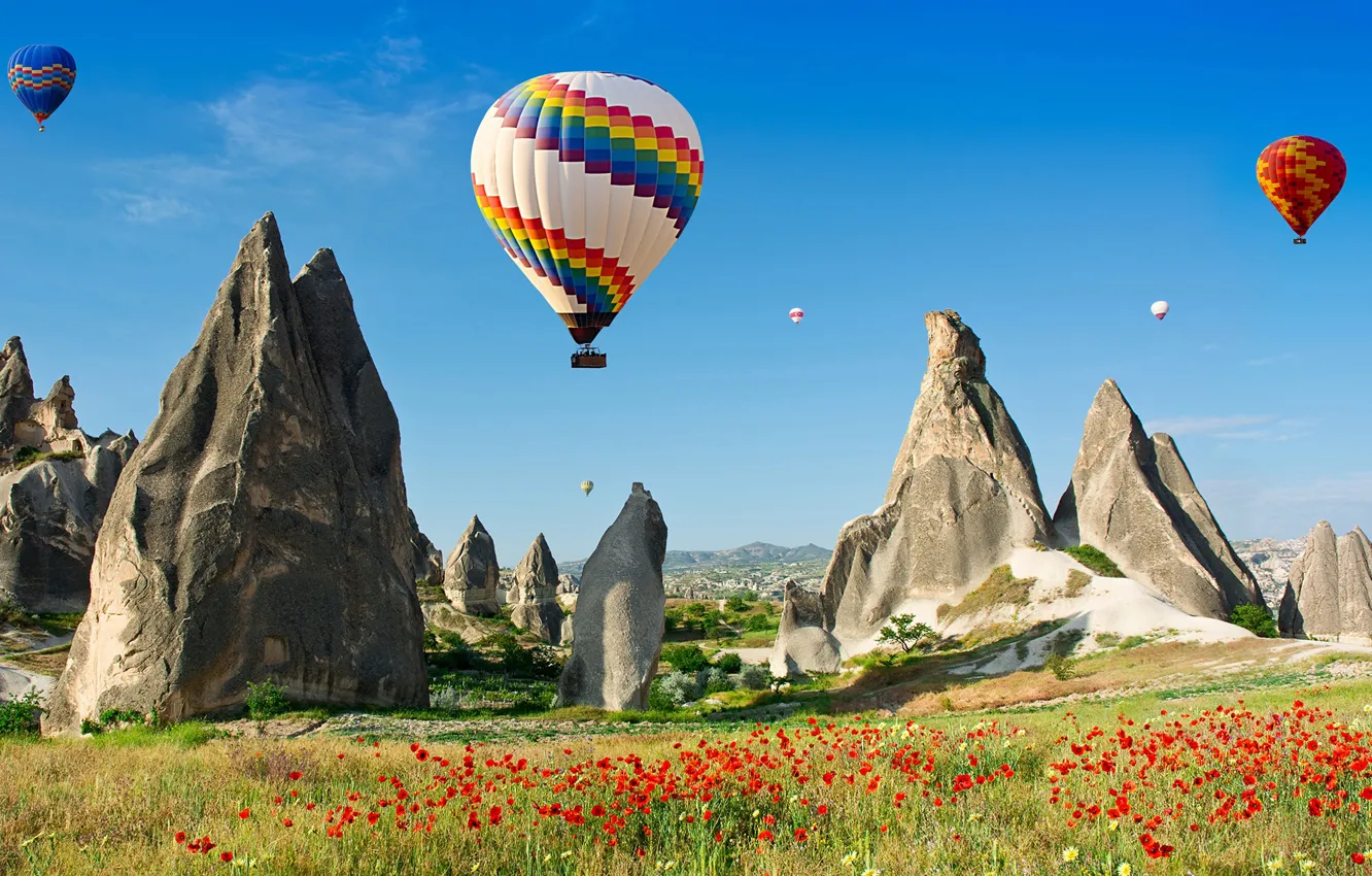 Photo wallpaper the sky, grass, the sun, flowers, red, balloons, stones, rocks