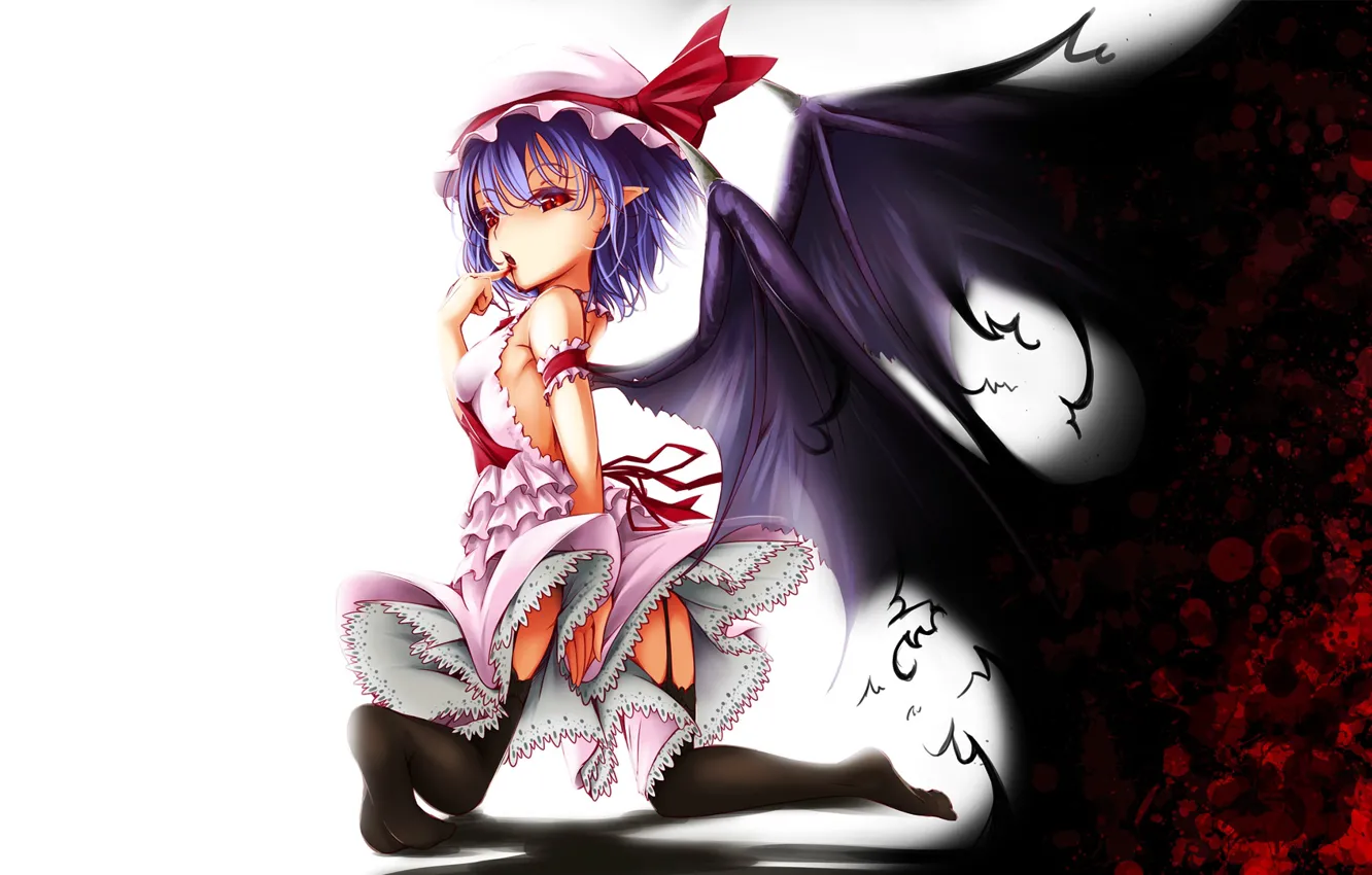 Photo wallpaper red eyes, touhou, art, vampire, Remilia Scarlet, black magic, bat wings, Onigiri