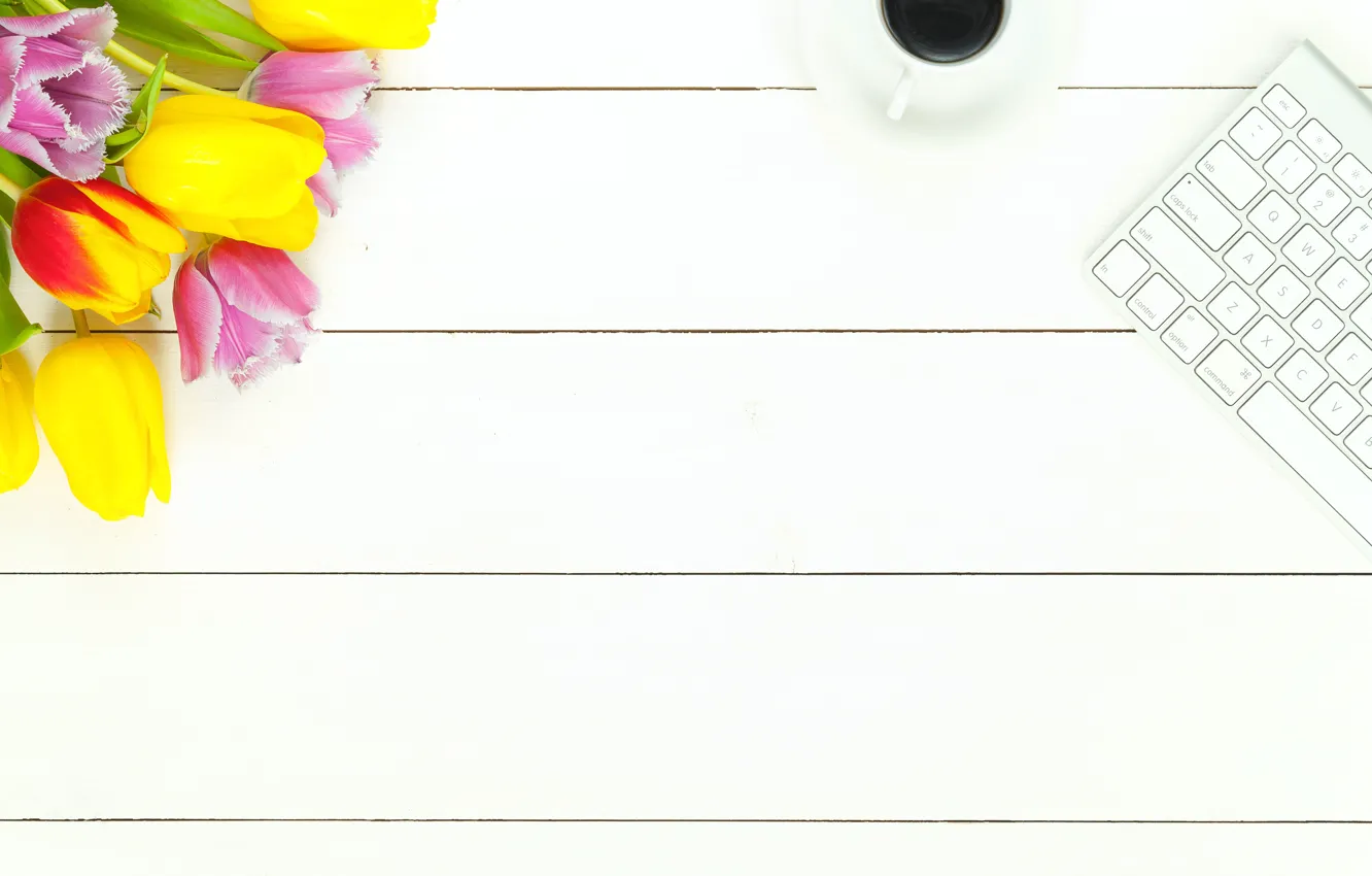 Photo wallpaper flowers, coffee, spring, colorful, tulips, fresh, wood, flowers
