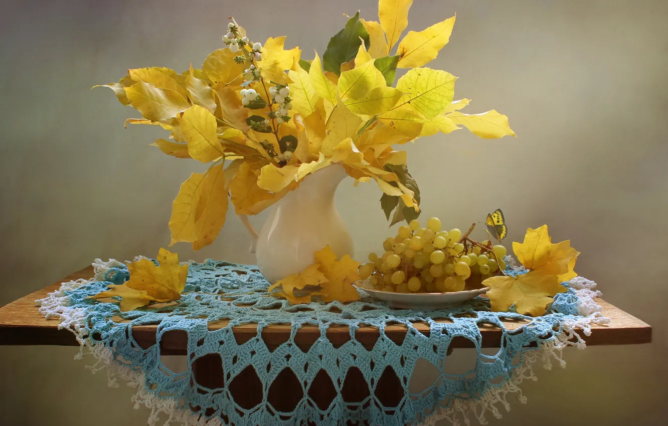 Photo wallpaper autumn, leaves, grapes, still life, September