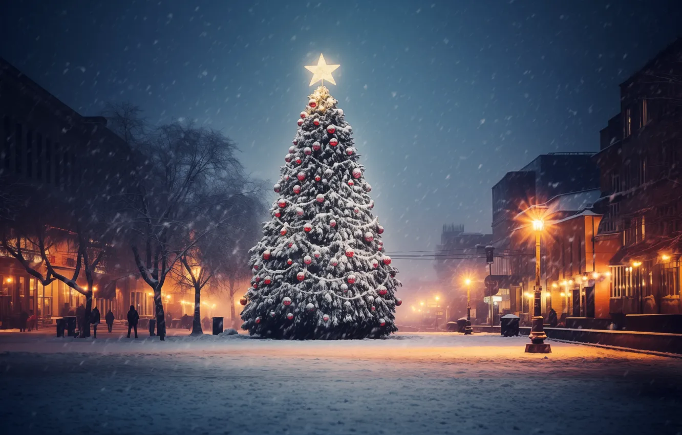 Photo wallpaper Christmas, trees, winter, snow, Town, AI Art
