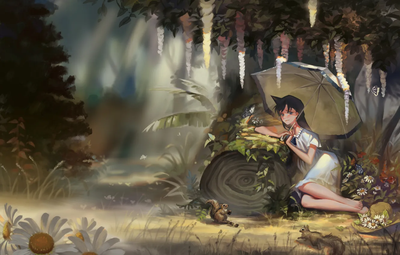 Photo wallpaper forest, girl, flowers, nature, chamomile, hat, umbrella, anime