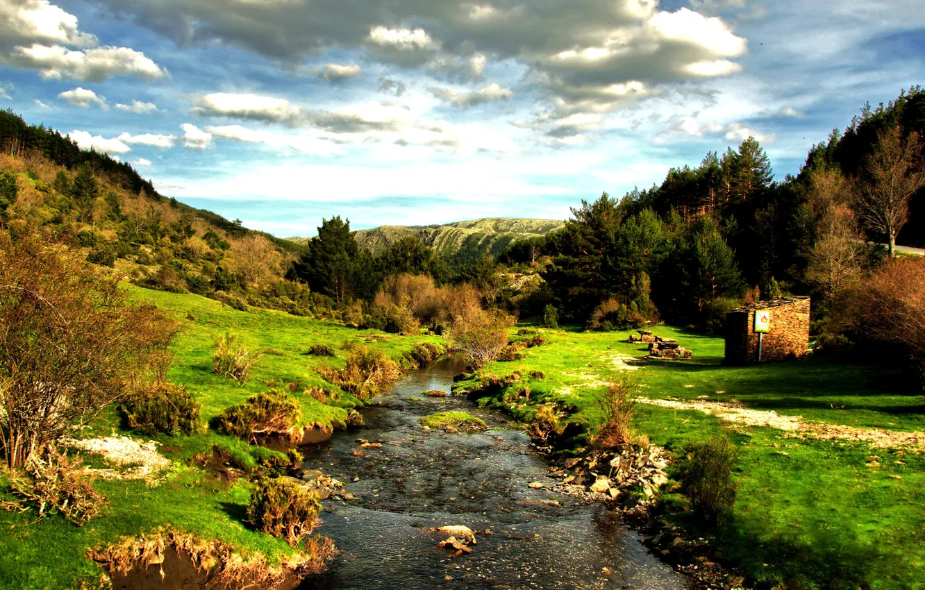 Photo wallpaper the sky, grass, clouds, trees, stream, hills, Spain, the bushes