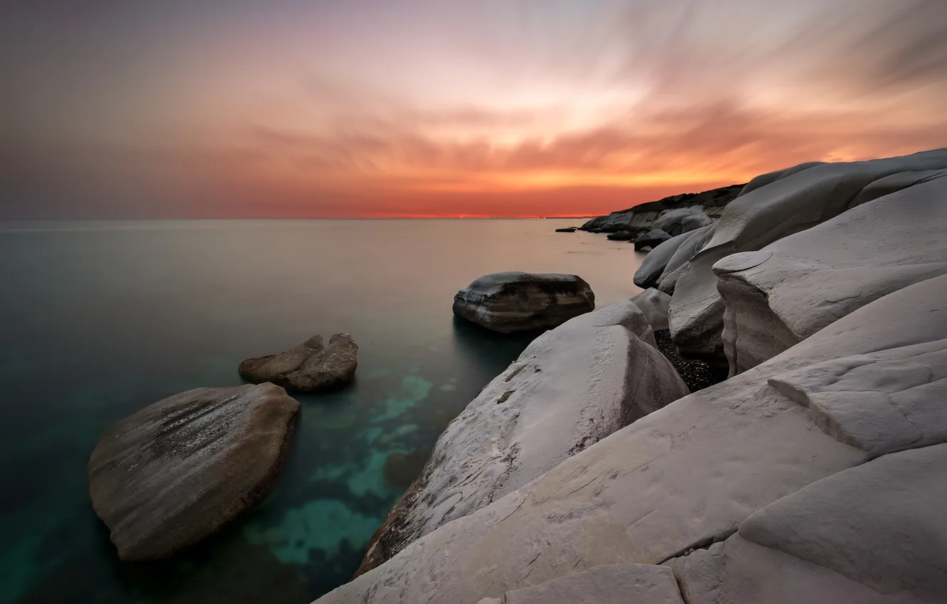 Photo wallpaper sea, sunset, stones
