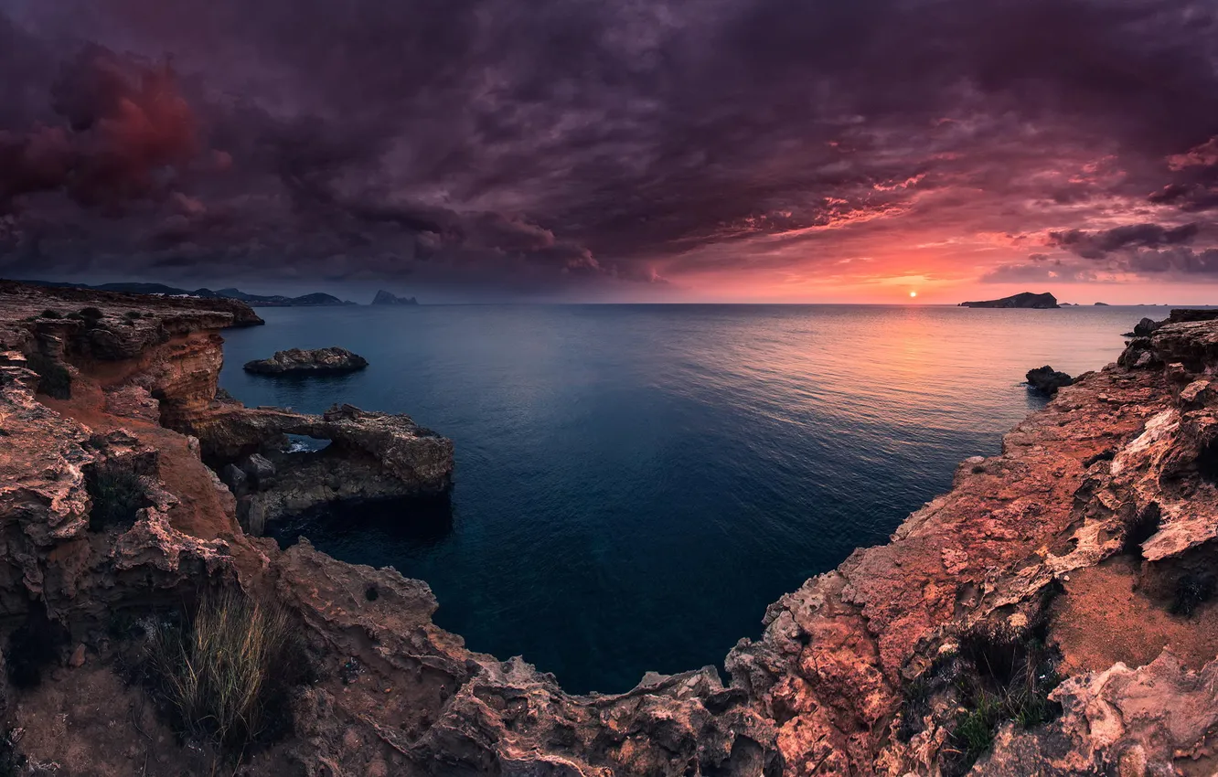 Photo wallpaper sea, the sky, landscape, clouds, nature, rocks, dawn, Ibiza