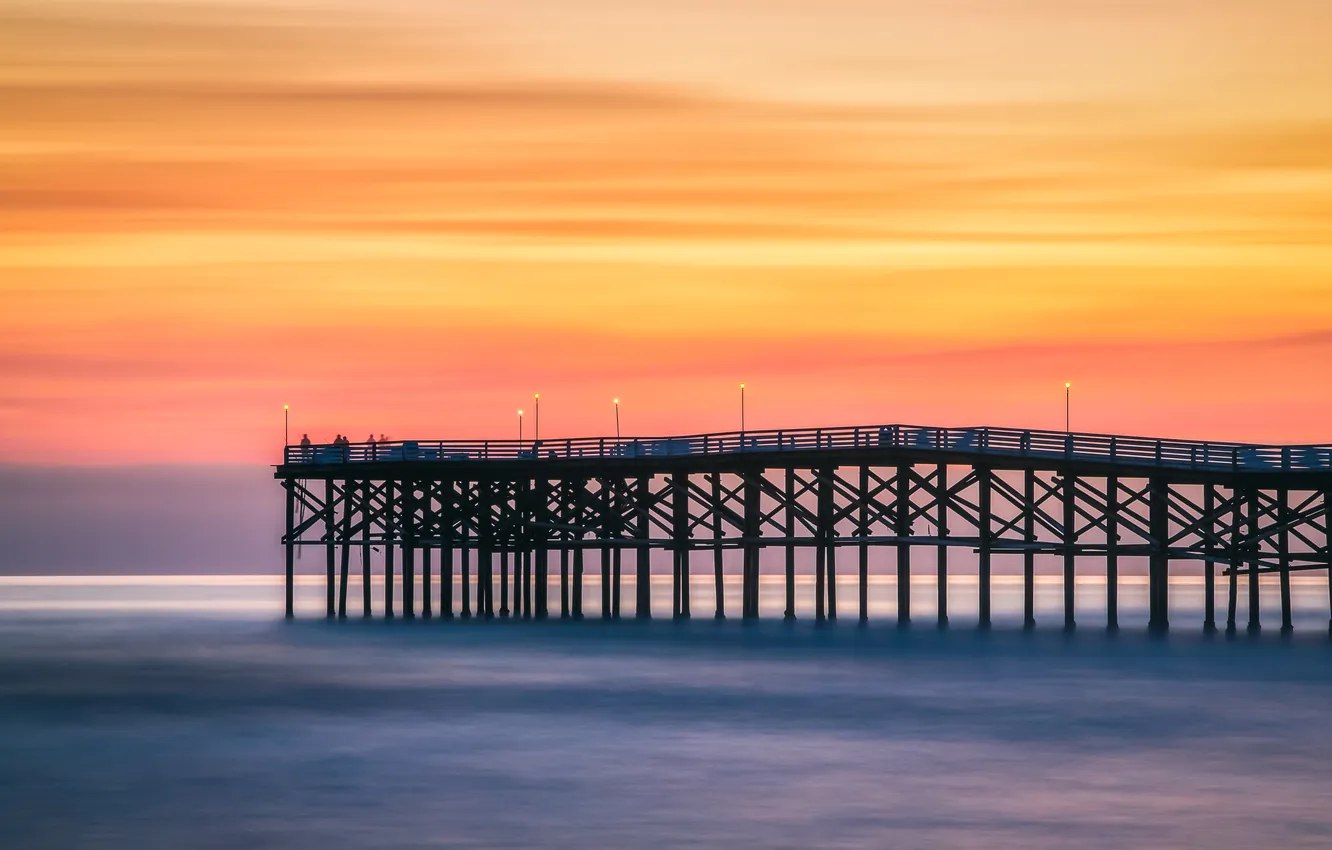 Photo wallpaper sea, sunset, CA, pierce, San Diego, United States, orange sky, Crystal Pier