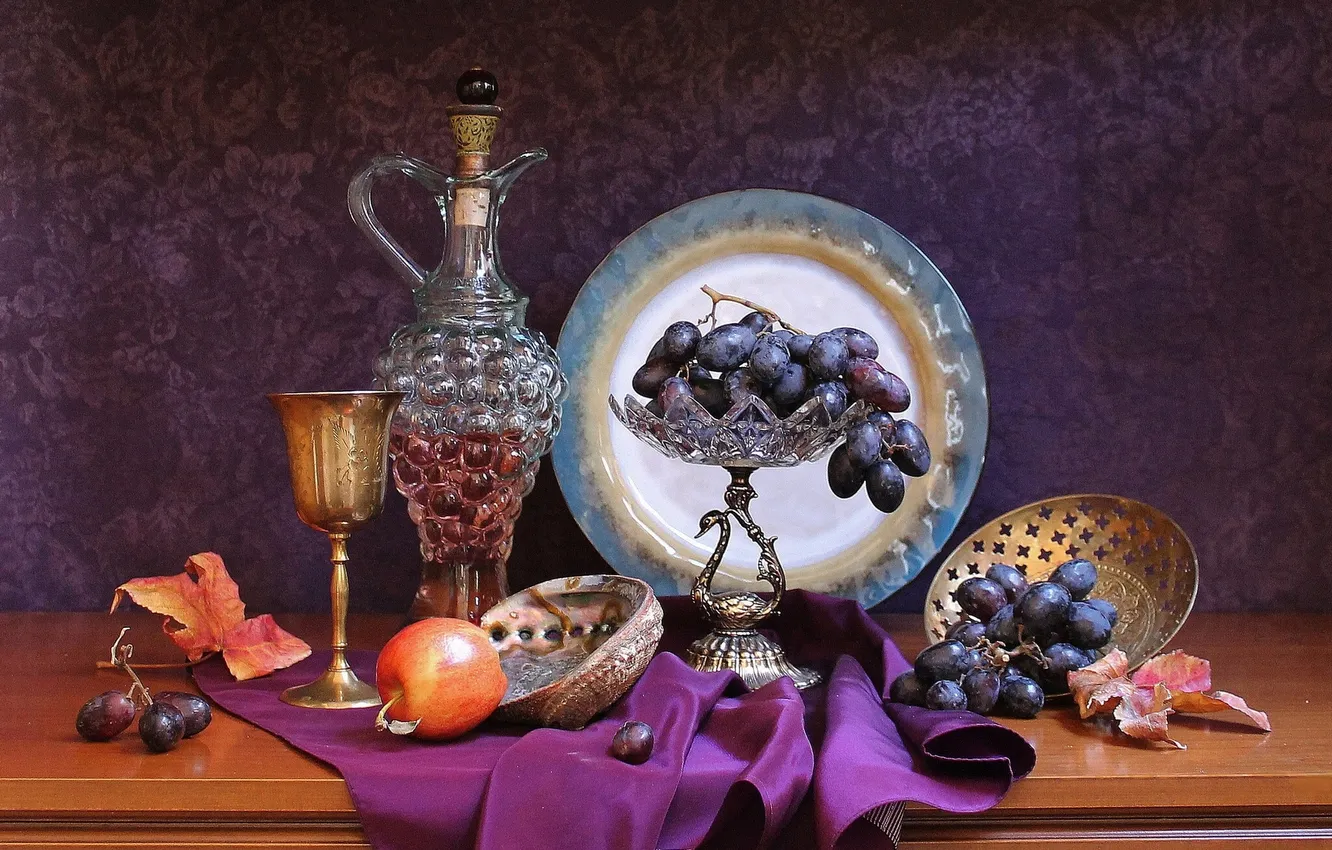 Photo wallpaper wine, glass, Apple, plate, grapes, pitcher, still life, napkin