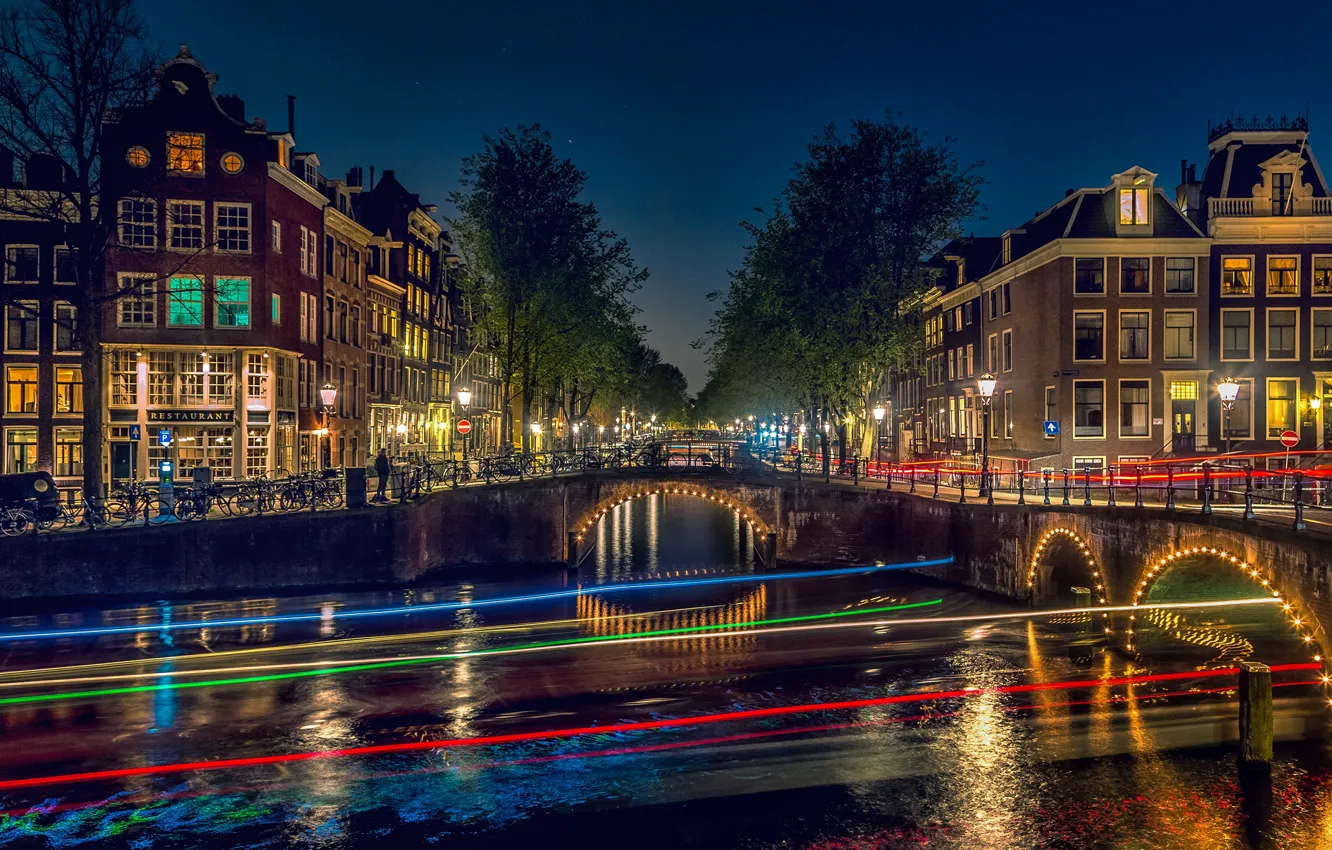 Photo wallpaper trees, line, landscape, night, bridge, life, lights, darkness