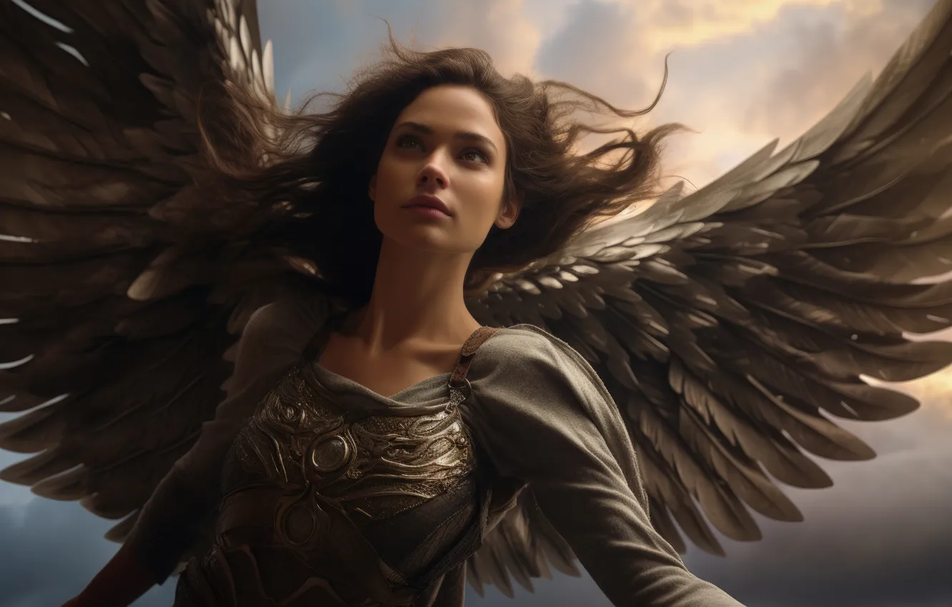 Photo wallpaper girl, hair, wings, angel, digital art, AI art, The Art of Artificial Intelligence, neural network