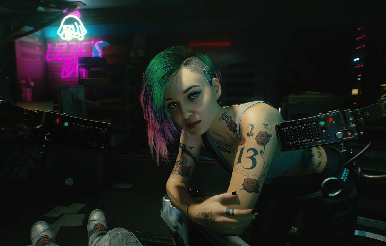 Photo wallpaper girl, the game, tattoo, characters, action, Cyberpunk 2077, Cyberpunk 2077, Judy Alvarez