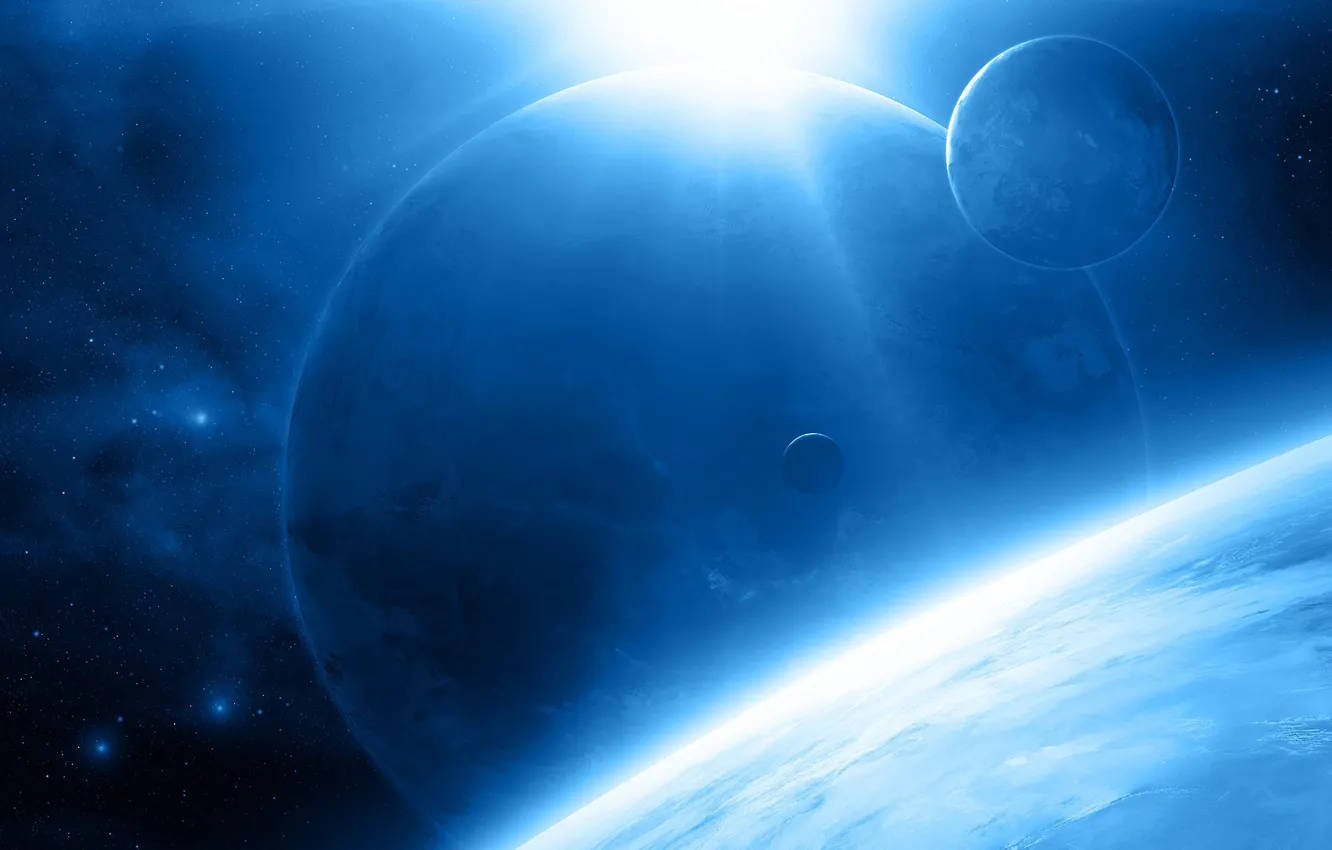 Photo wallpaper space, stars, planet, satellite