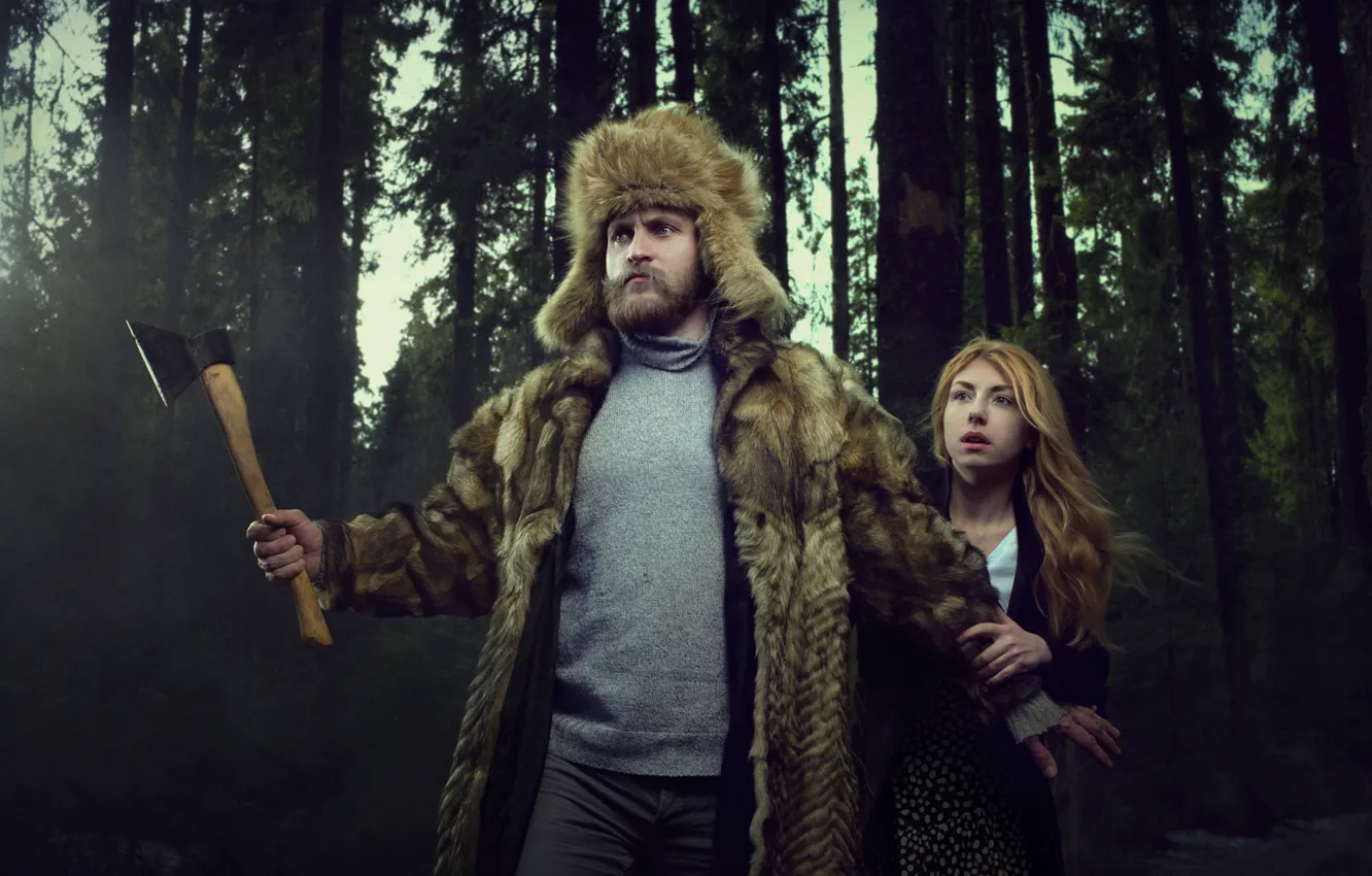Photo wallpaper forest, girl, man, protection, axe