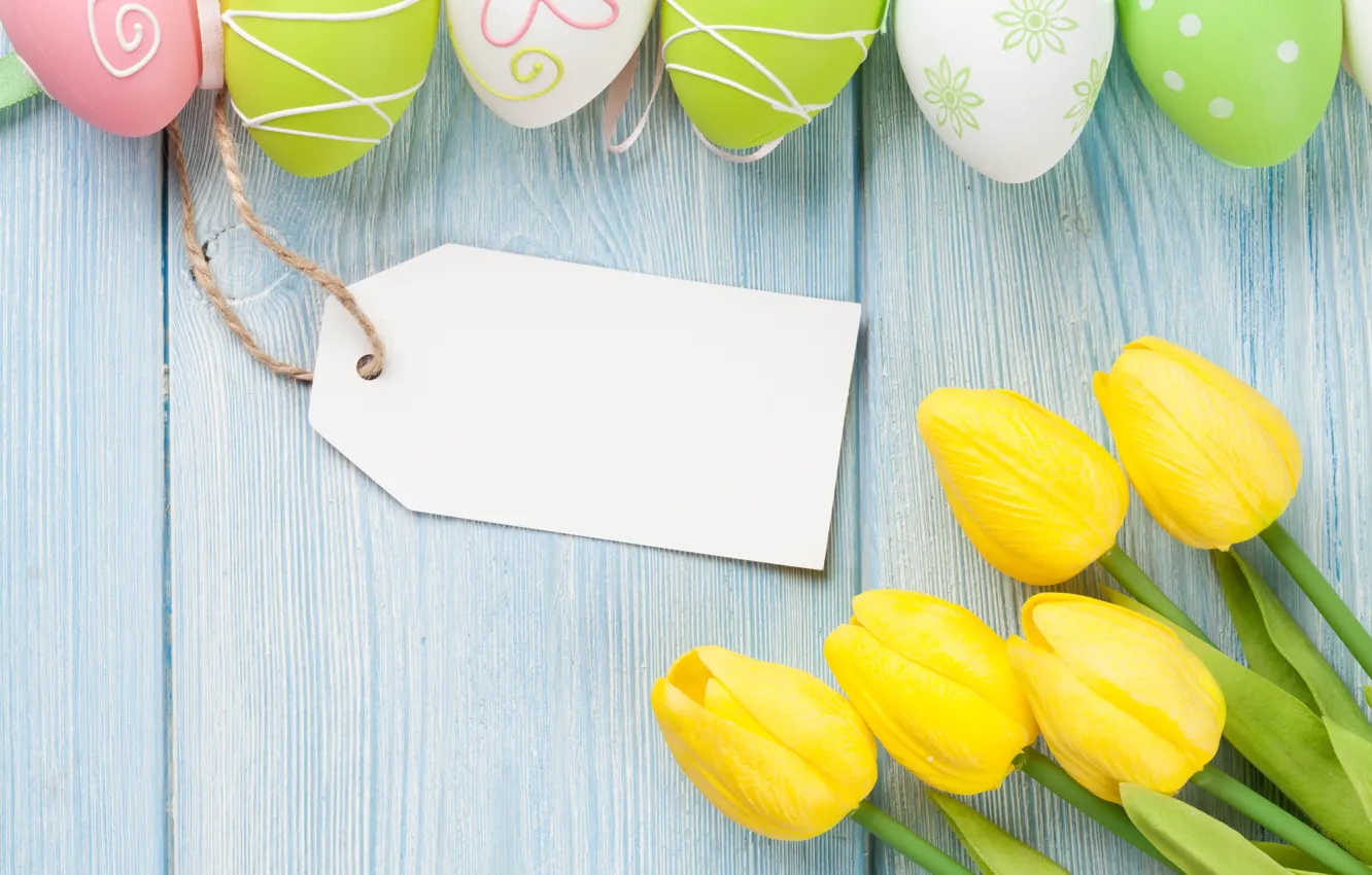 Photo wallpaper colorful, Easter, tulips, yellow, tulips, spring, eggs, Happy Easter